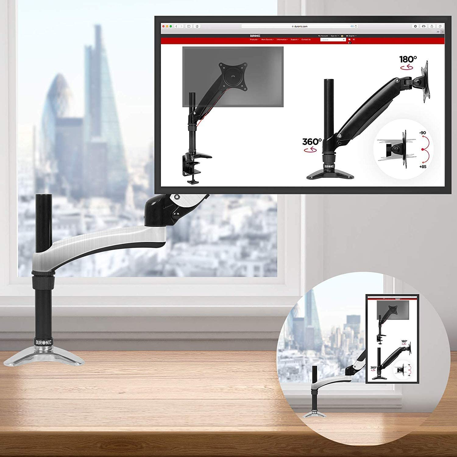 Un brazo de monitor con un monitor que muestra opciones de visualización, sobre una superficie de madera.