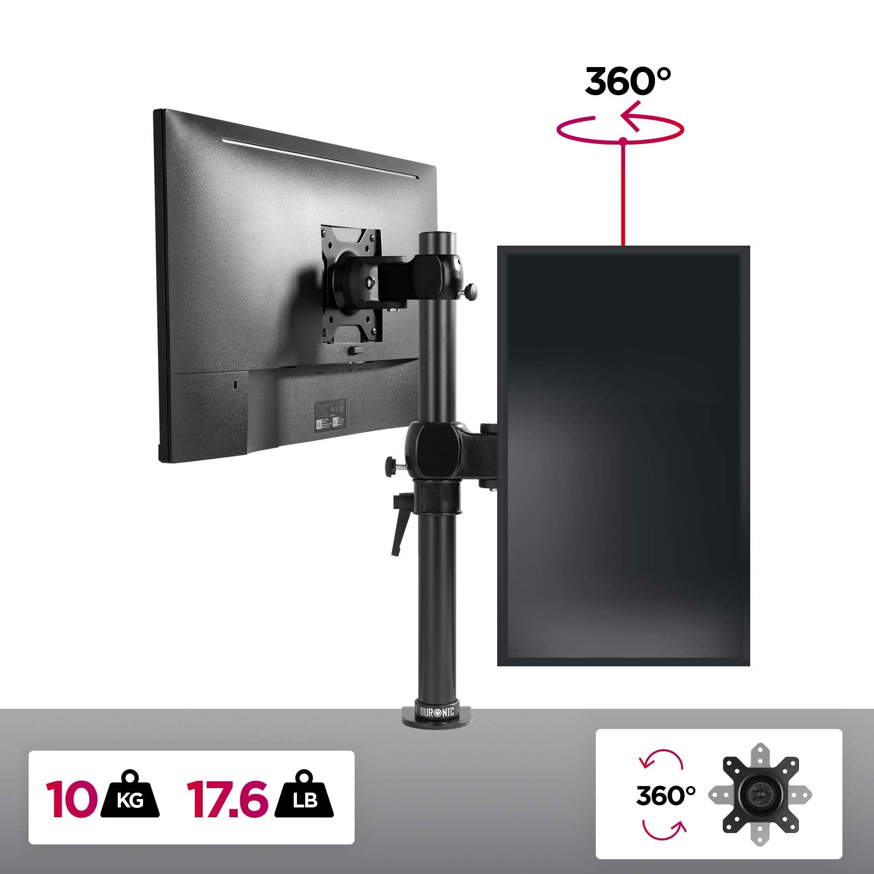 Monitorhalterung, zwei Monitore Rücken an Rücken befestigt. Schwarz und Silber.