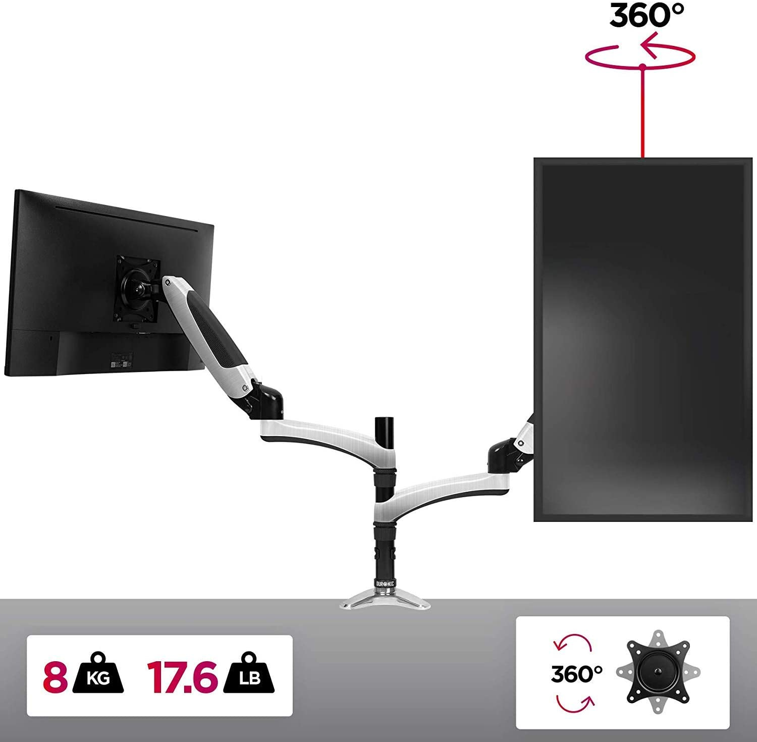 Un soporte de monitor con un monitor y un diagrama que muestra la rotación de 360°. El brazo soporta 17,6 LB y 8 KG.