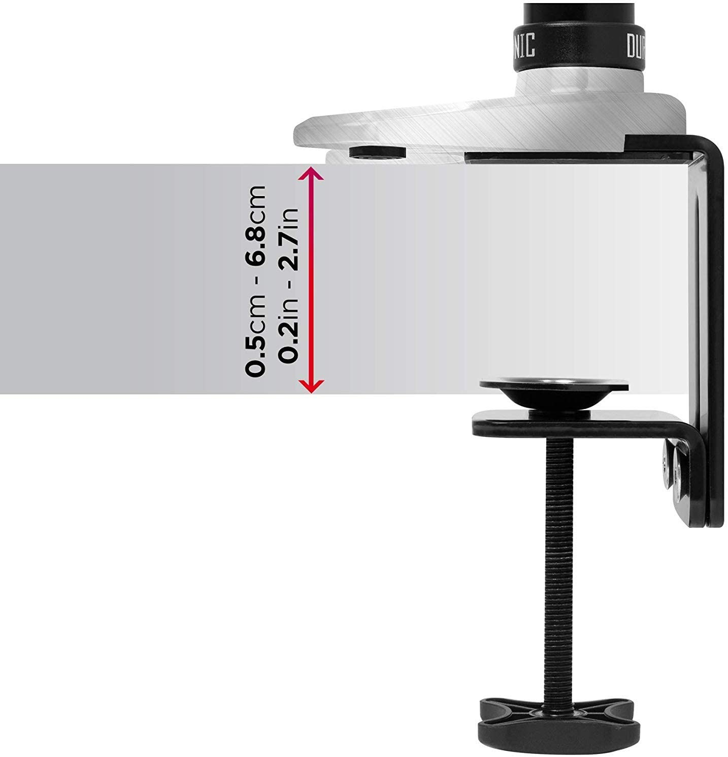 Un soporte para monitor con un tornillo y detalles de dimensiones.