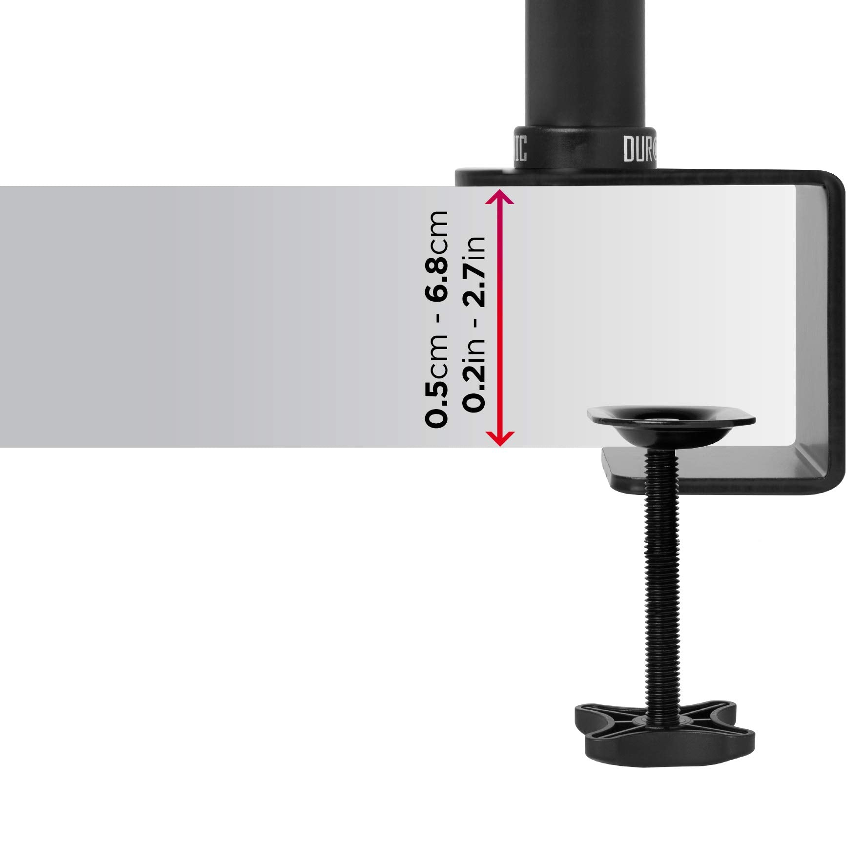 Un soporte de monitor negro con una abrazadera, que mide 0,2 a 2,7 pulgadas. Medida en cm y pulgadas.