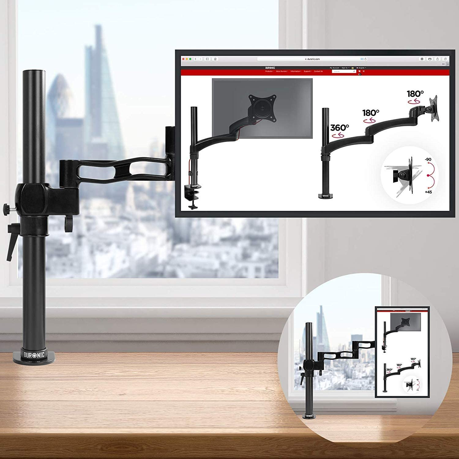 Ein Monitorarm auf einem Schreibtisch, mit einem Monitor und einem weiteren Diagramm, an einem Fenster.