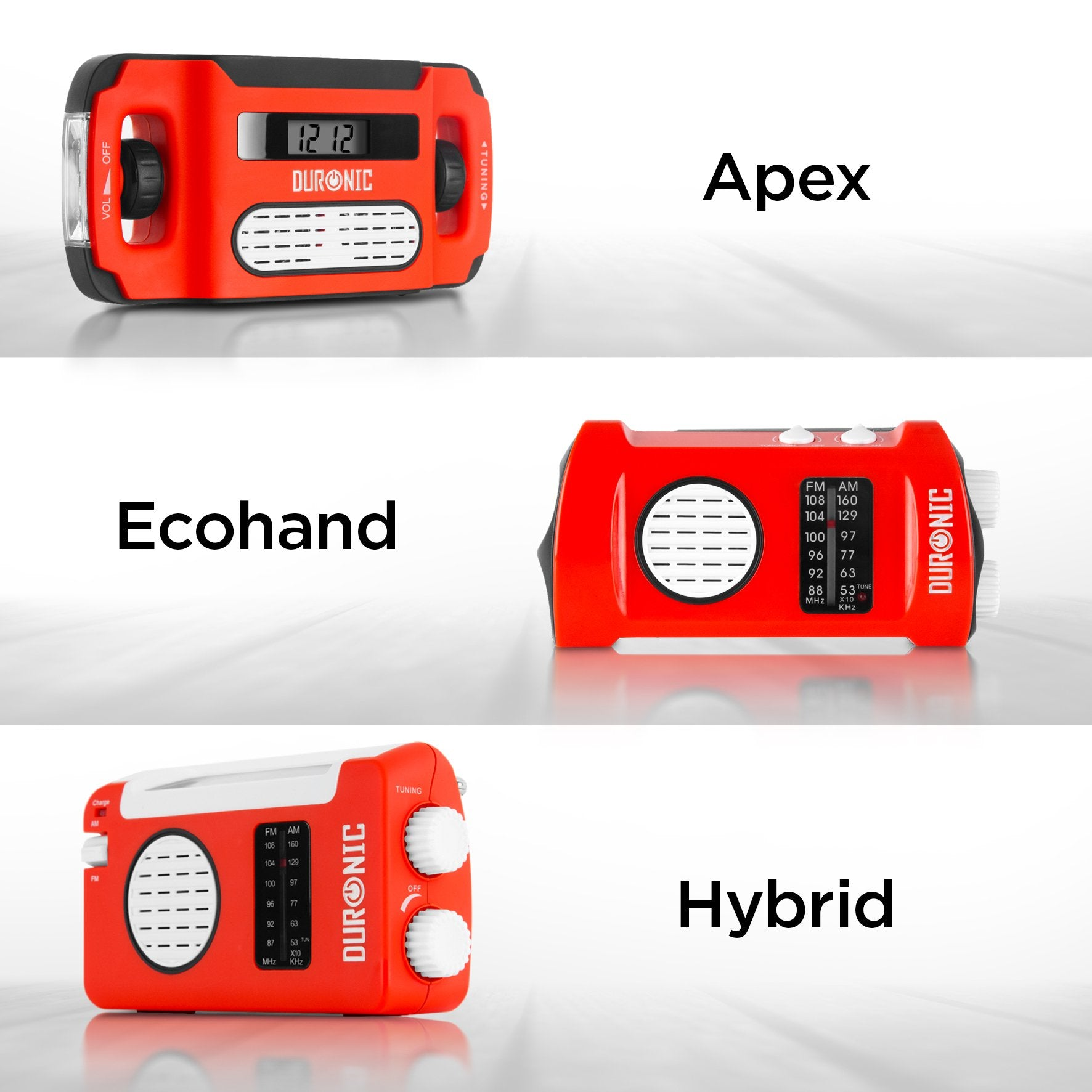 Drei rote Radios. Jedes hat ein anderes Design und Text: Apex, Ecohand und Hybrid. Alle sind rot.