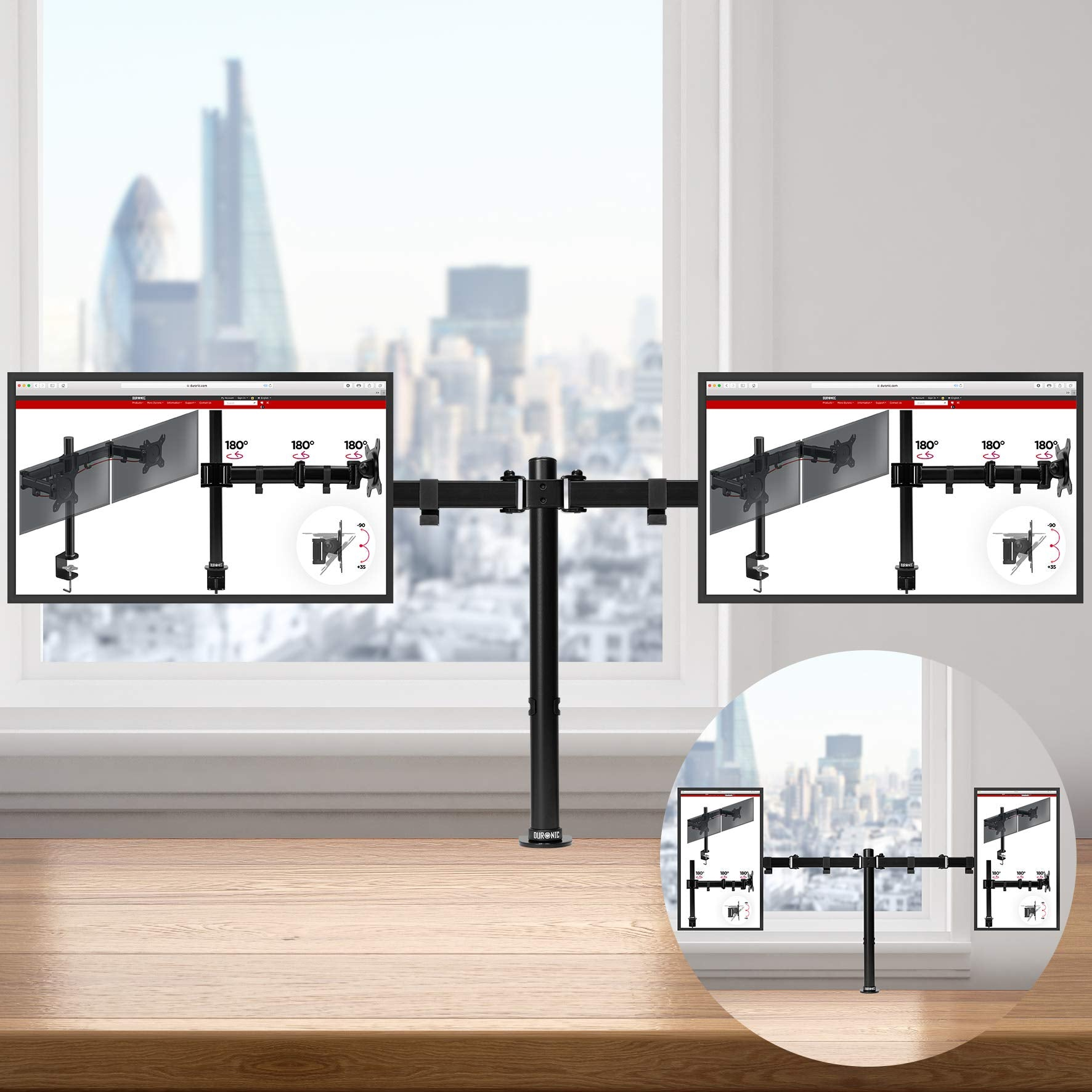 Dos monitores de computadora con un soporte de escritorio y una vista más pequeña de la configuración.