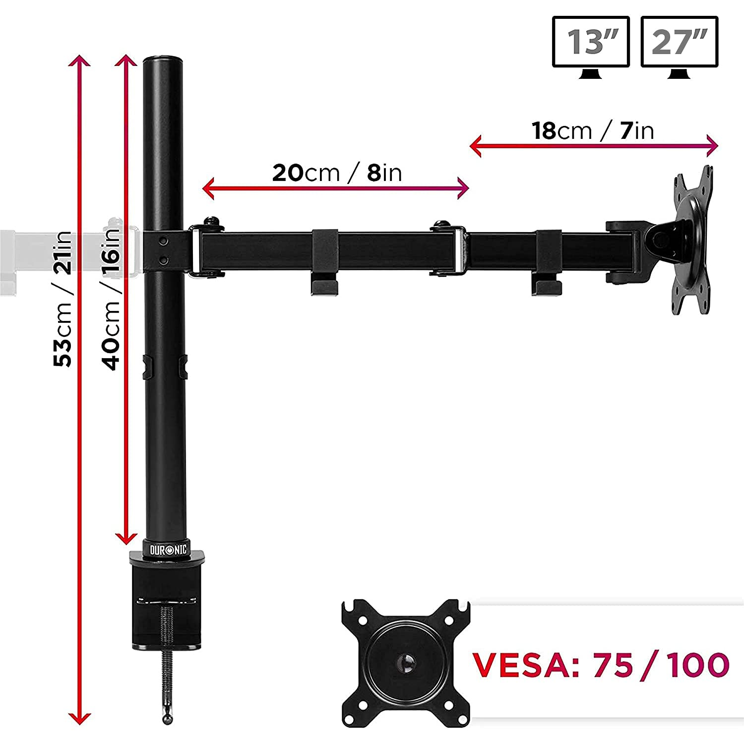 Brazo de monitor, negro, con medidas. VESA: 75/100. Etiquetas de 13" y 27".