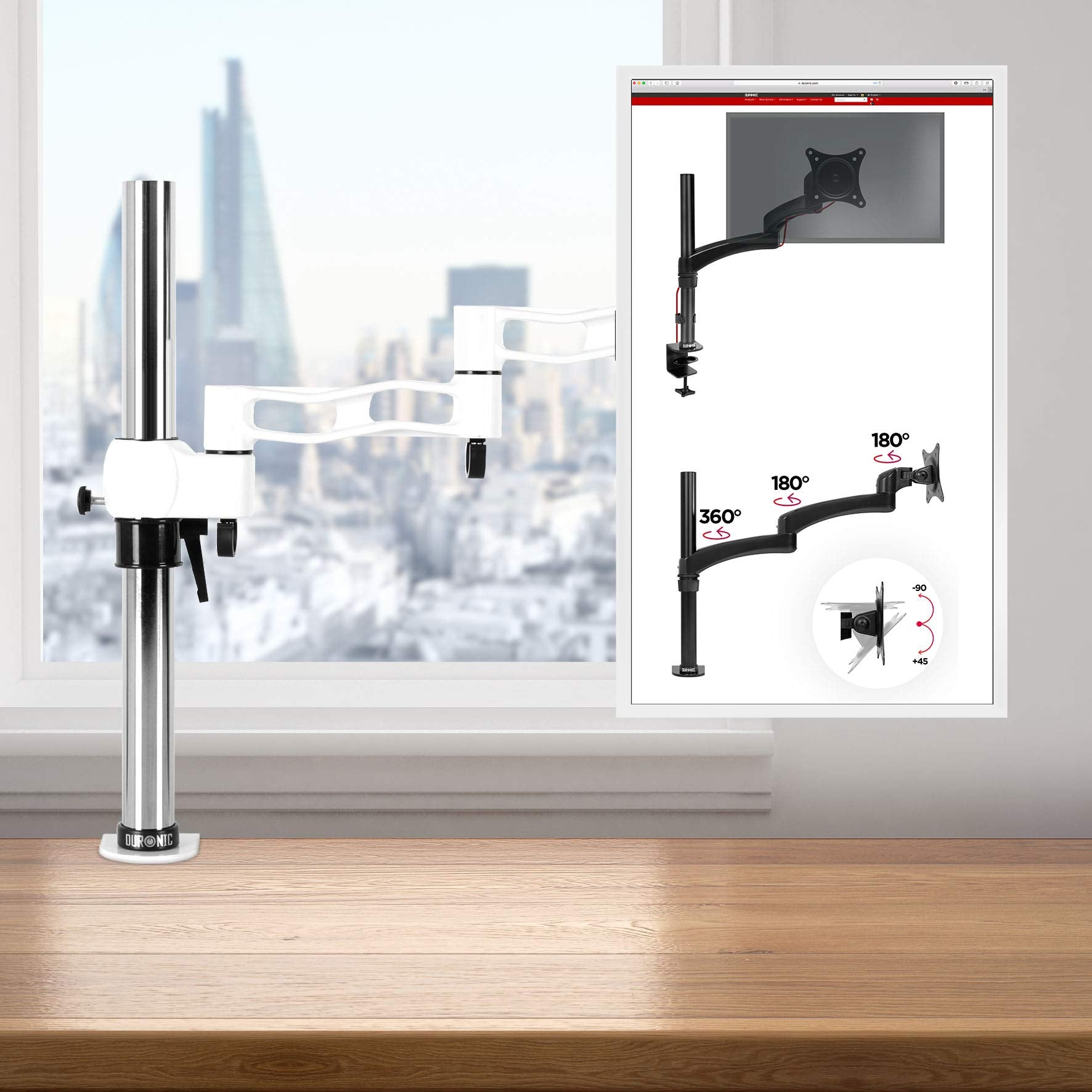 Monitorarm mit Monitor und Diagramm im Hintergrund. Arm ist weiß und silber.