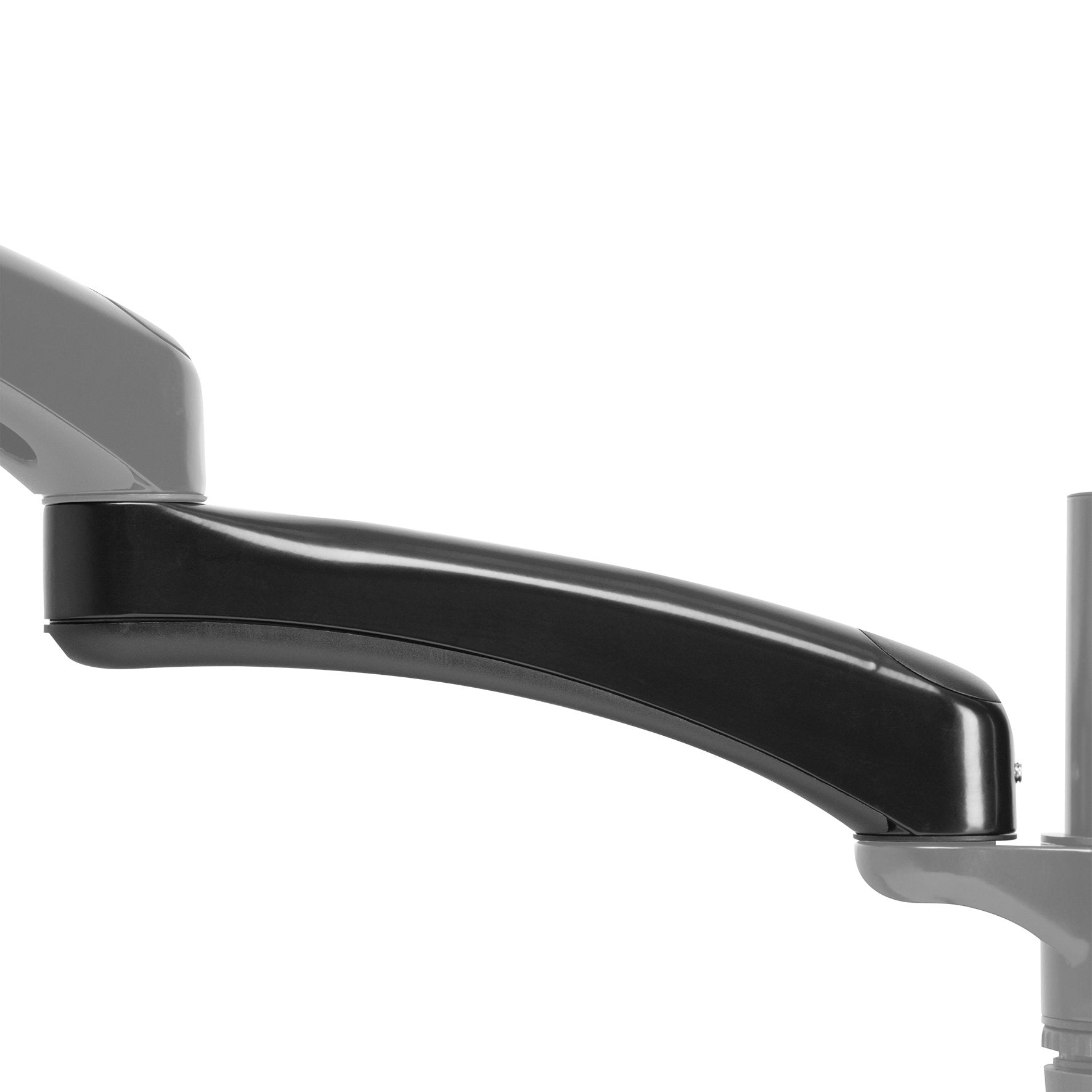 Schwarzer Monitorarm an einem grauen Ständer befestigt. Gebogenes, abgewinkeltes Design.
