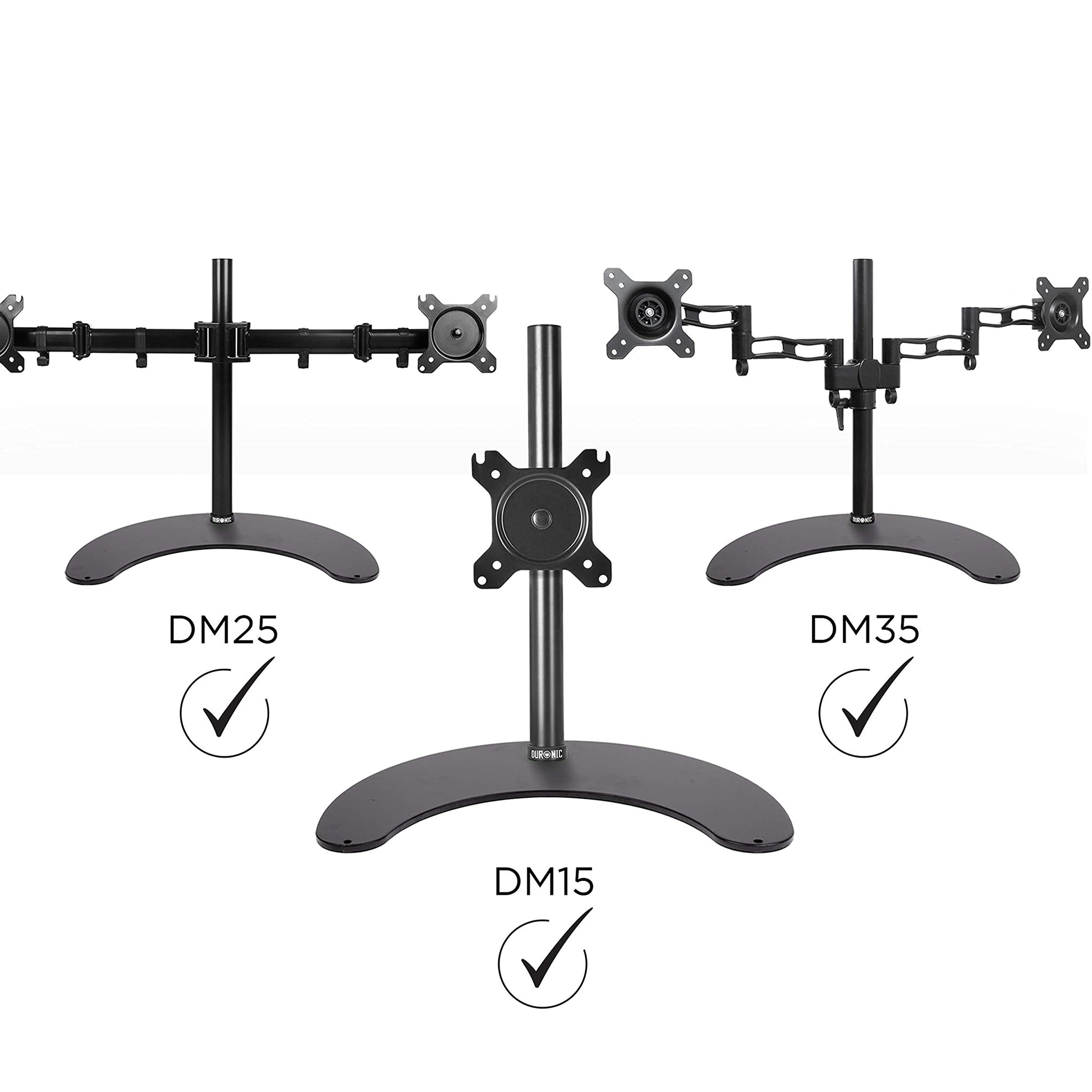 Drei Monitorständer mit den Bezeichnungen DM25, DM35 und DM15, neben jedem ein Häkchen.