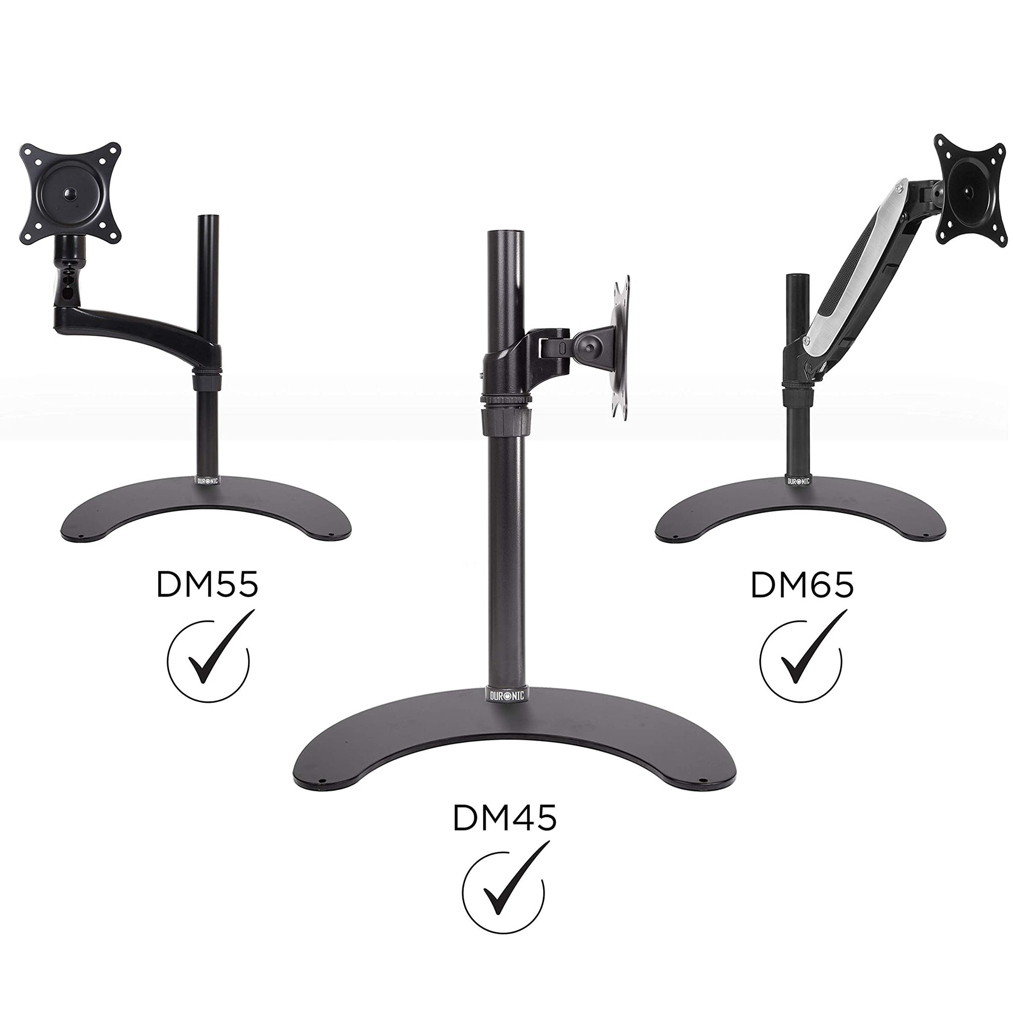 Drei Monitorständer, beschriftet mit DM5, DM45 und DM65, mit Häkchen, auf weißem Hintergrund.