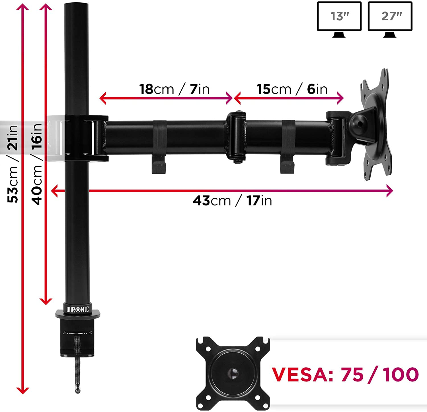 DURONIC DM252 | Zoll Verstellbar Monitorhalterung, in Drehung, 8kg Höhe, Monitorarm und | Kapazität für Neigung 27\