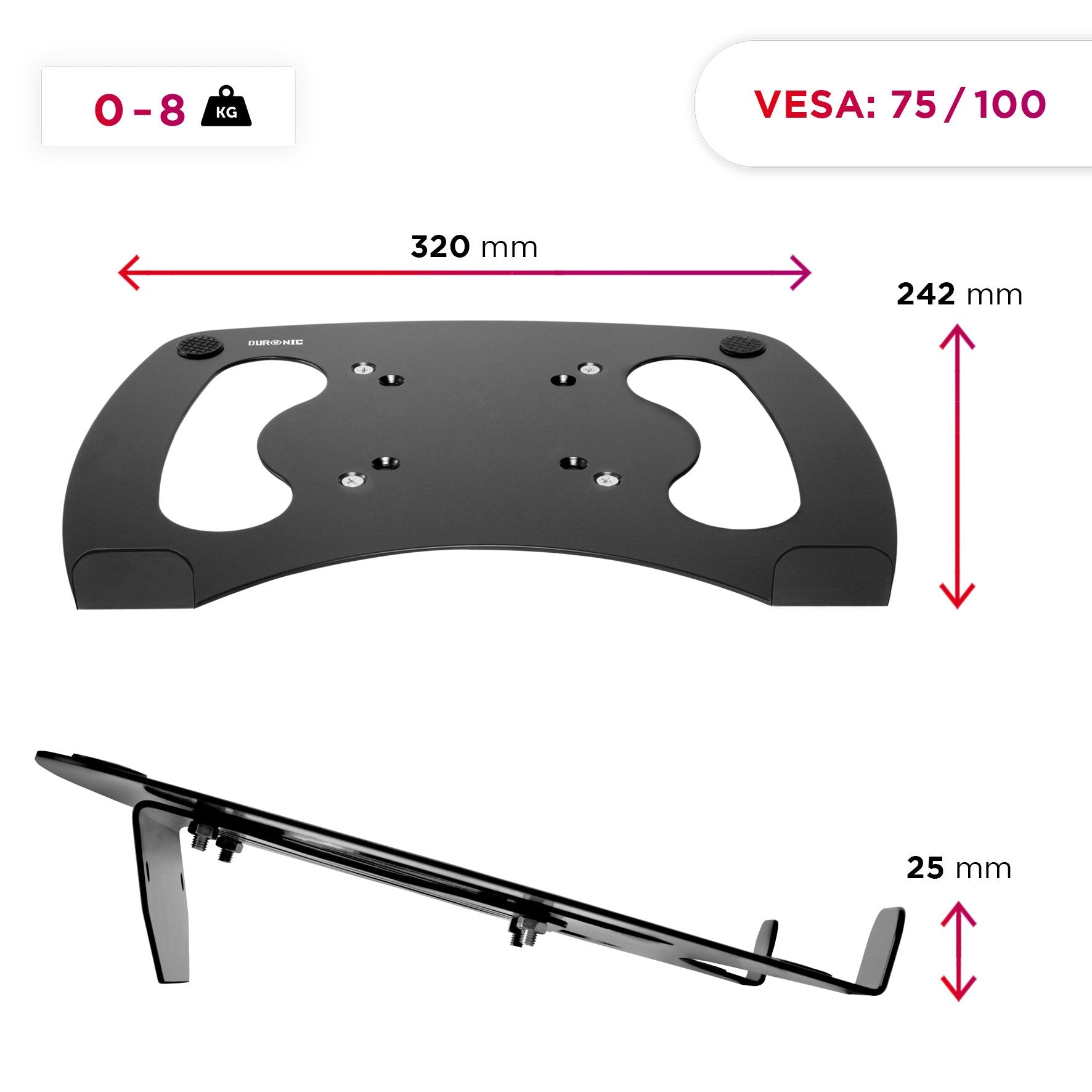 Schwarzer Laptop-Ständer. Abmessungen: 320 mm x 242 mm x 25 mm. VESA 75/100. Gewicht: 0-8 kg.