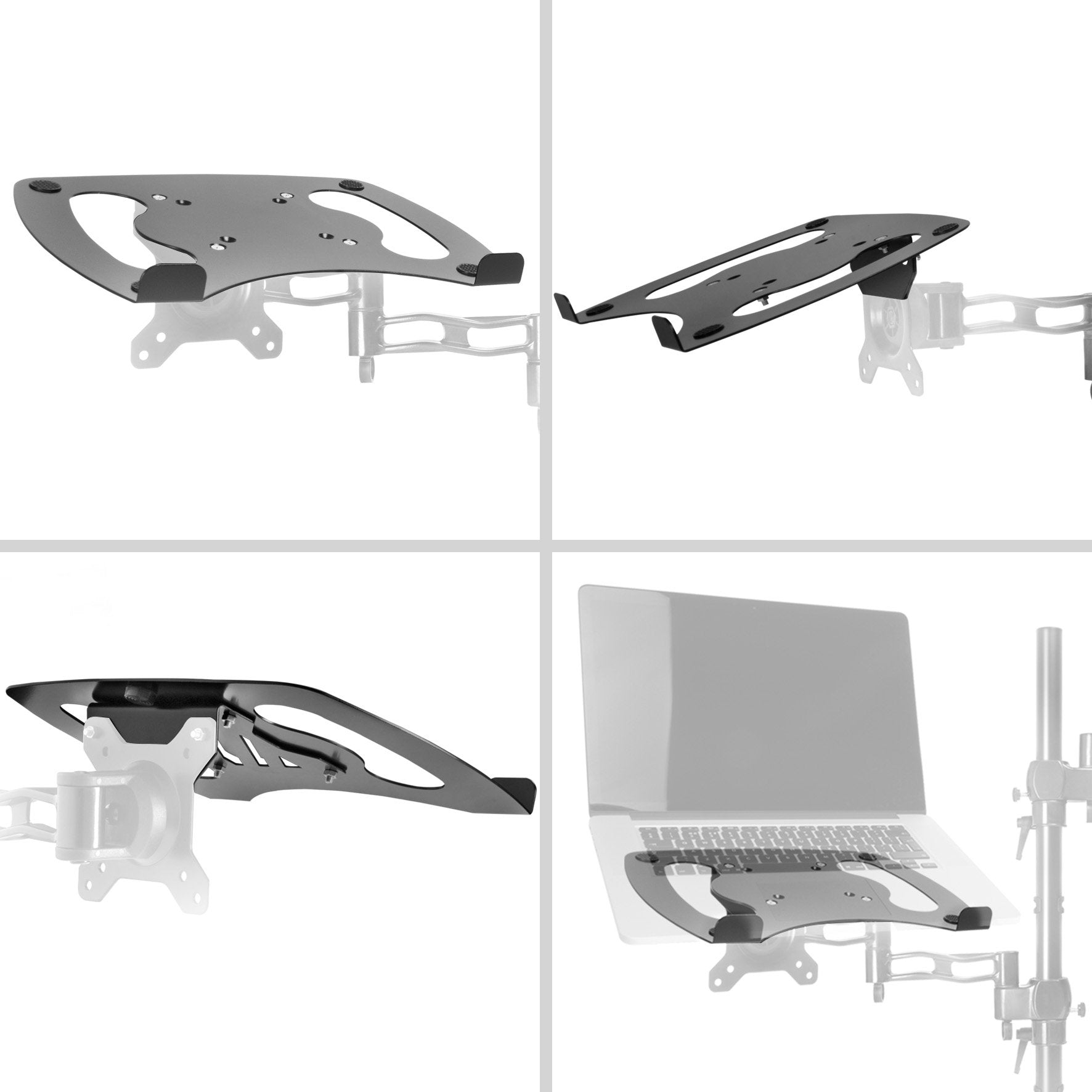 Vier Ansichten einer Laptop-Halterung mit einem Laptop darauf.