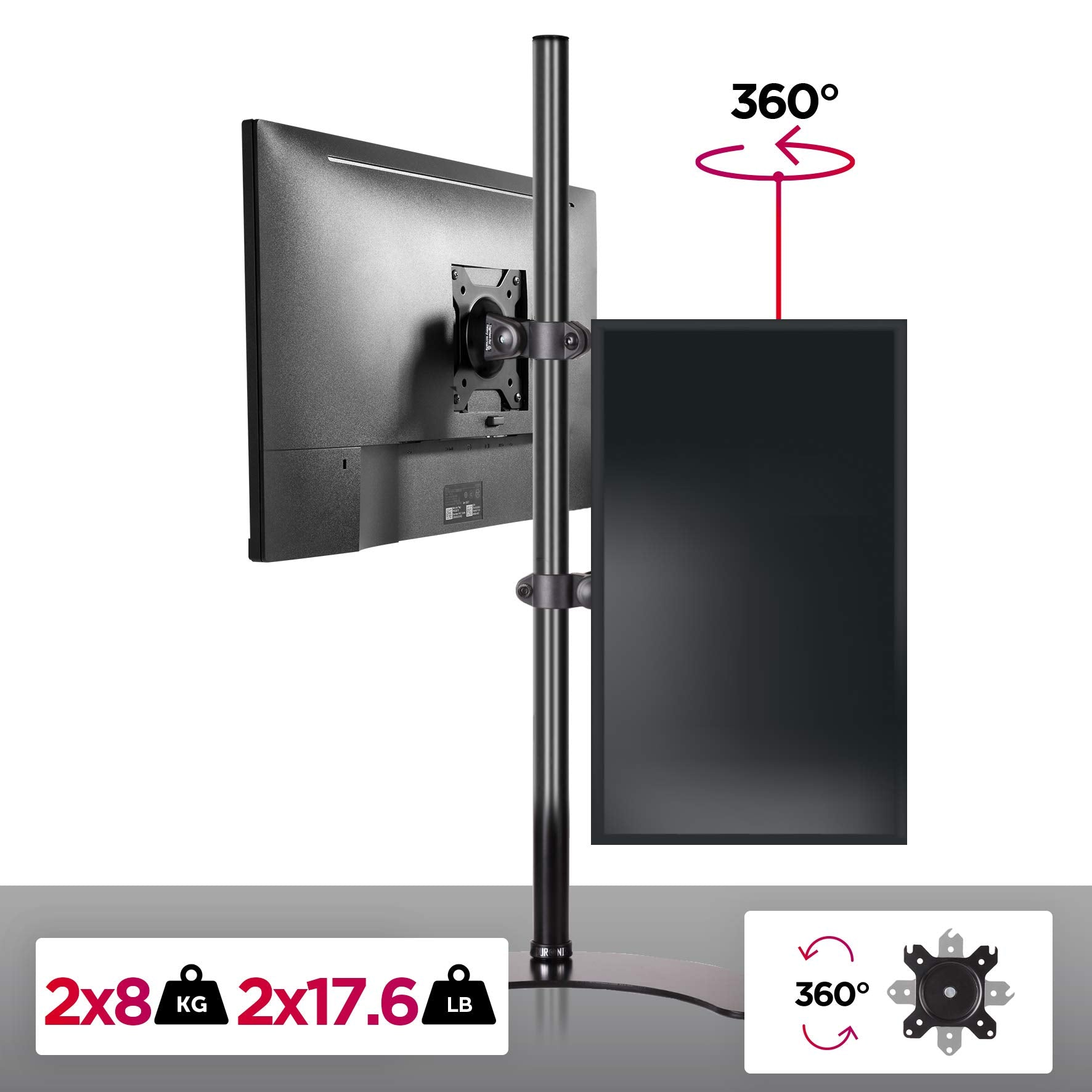 Doppel-Monitorständer mit zwei Bildschirmen, einer im Quer-, der andere im Hochformat.