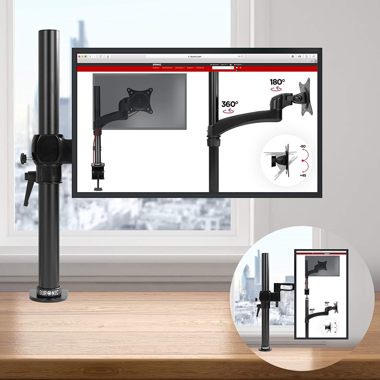 Eine schwarze Monitorarm-Konfiguration. Der Monitor zeigt eine Website mit Diagrammen, der Hintergrund ist unscharf.