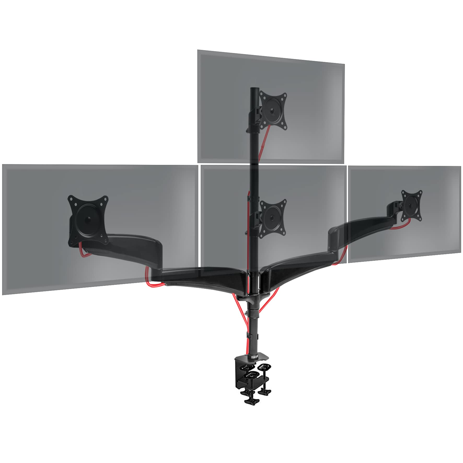 Múltiples monitores en un soporte negro con cables rojos.