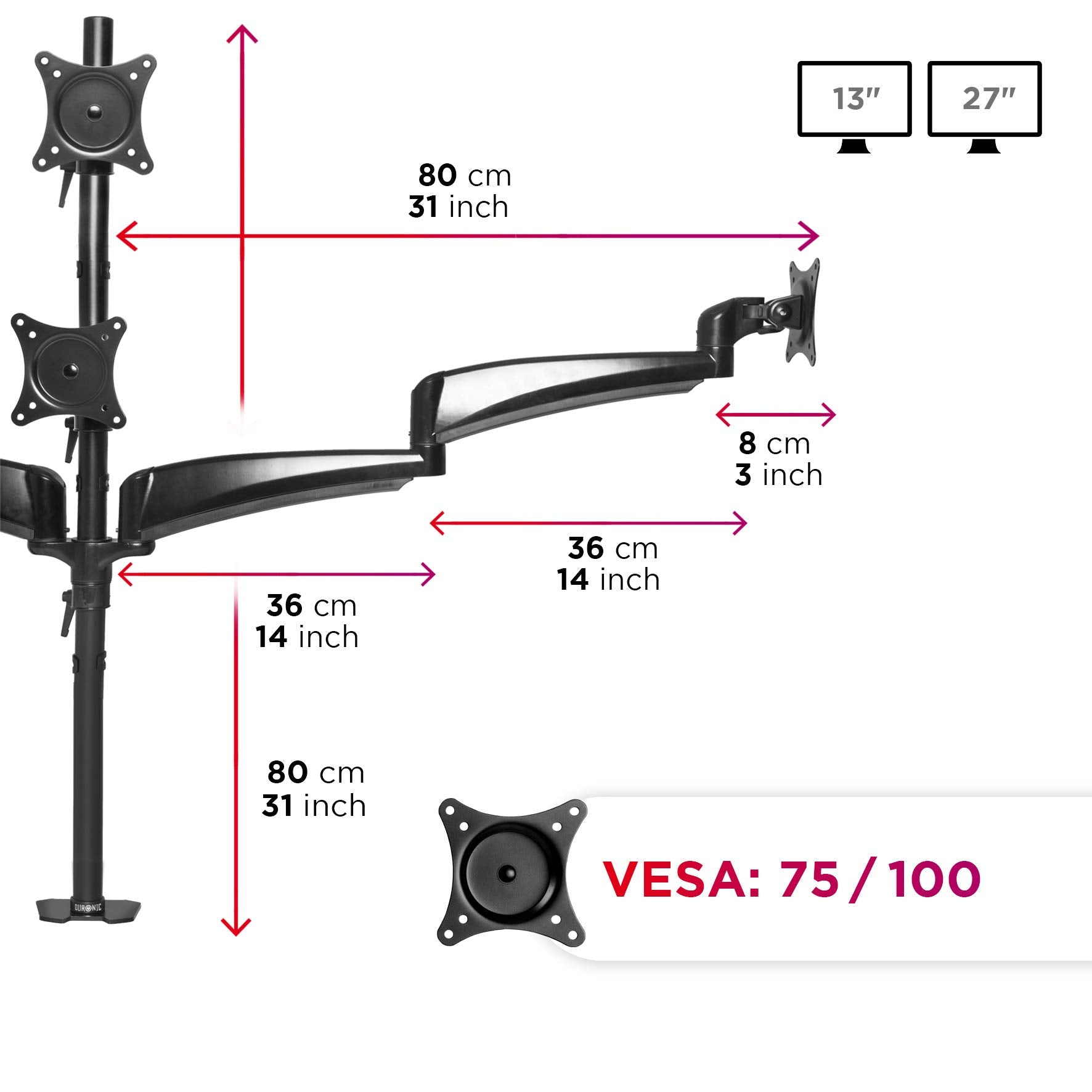 Un brazo para monitor negro con tres puntos de montaje, con dimensiones.