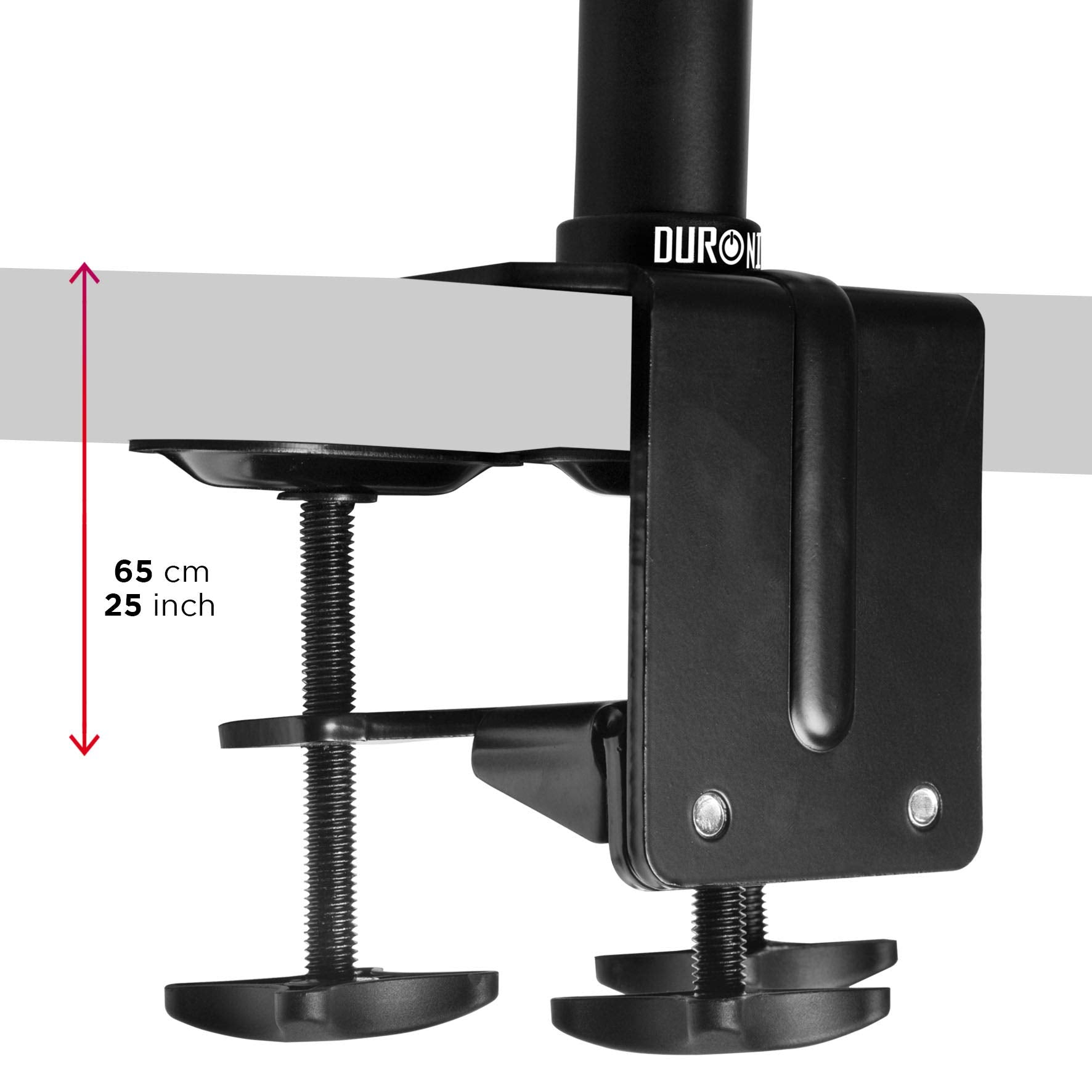 Se muestra un soporte de monitor negro con una regla al lado.