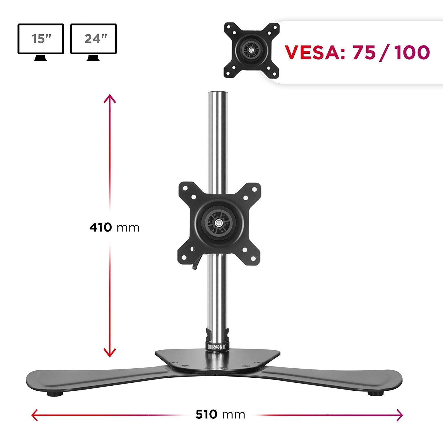 Soporte de monitor con base, poste y montaje VESA. Se muestran las dimensiones. Admite pantallas de 15" y 24".