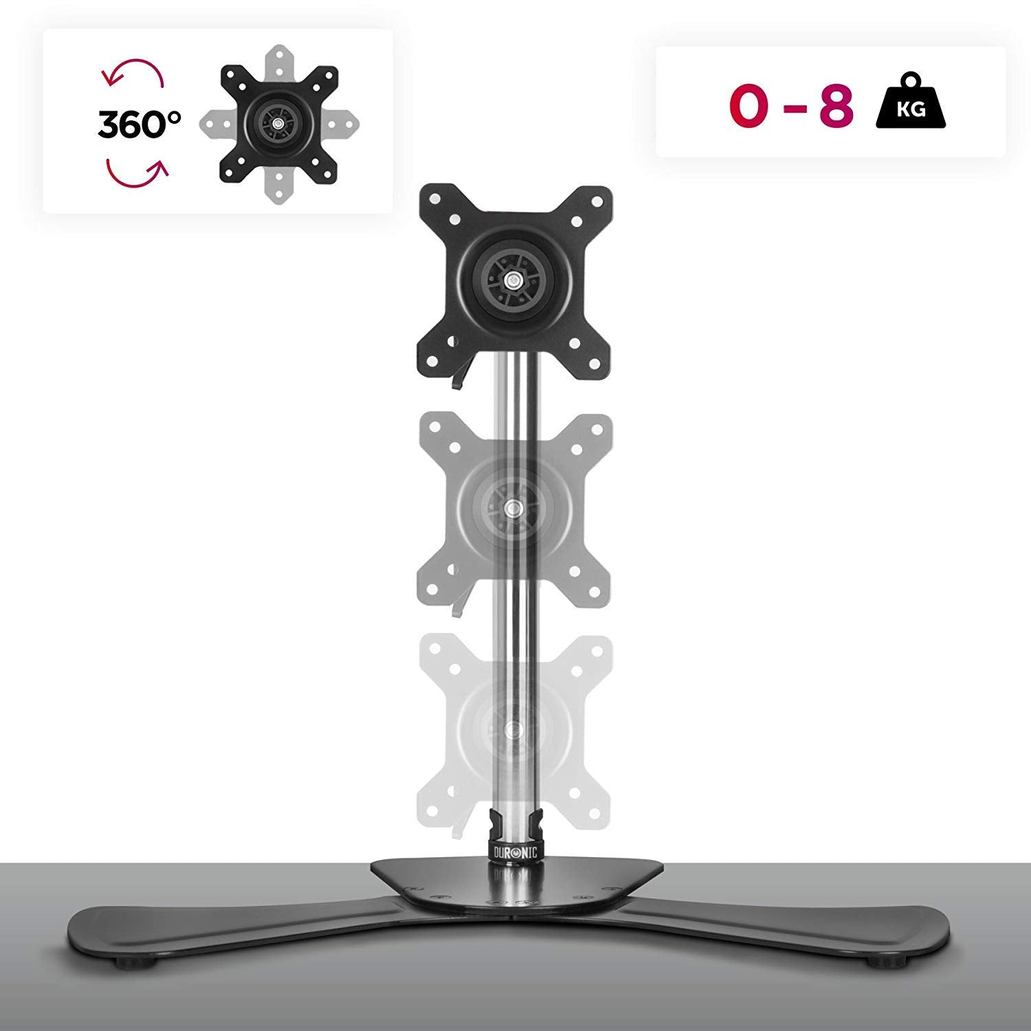 Un soporte de monitor negro con una base de tres puntas, que sostiene un soporte de monitor con un monitor negro.