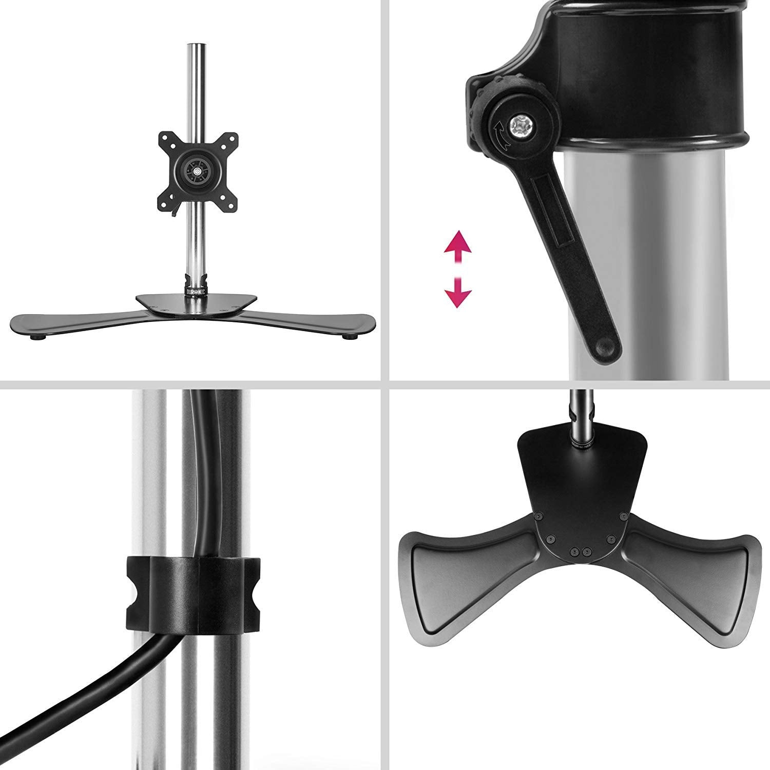 Primeros planos de un soporte de monitor, que muestra sus partes y ajustes.
