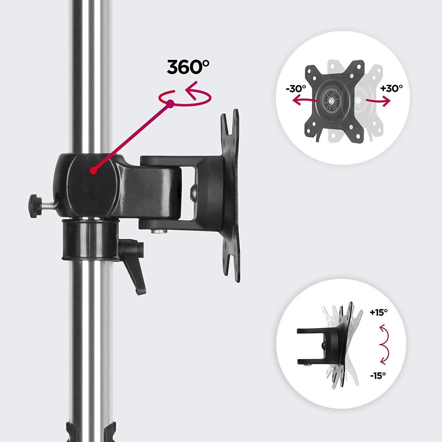 Un soporte para monitor con rotación de 360 grados y opciones de inclinación. El soporte está en un poste plateado.