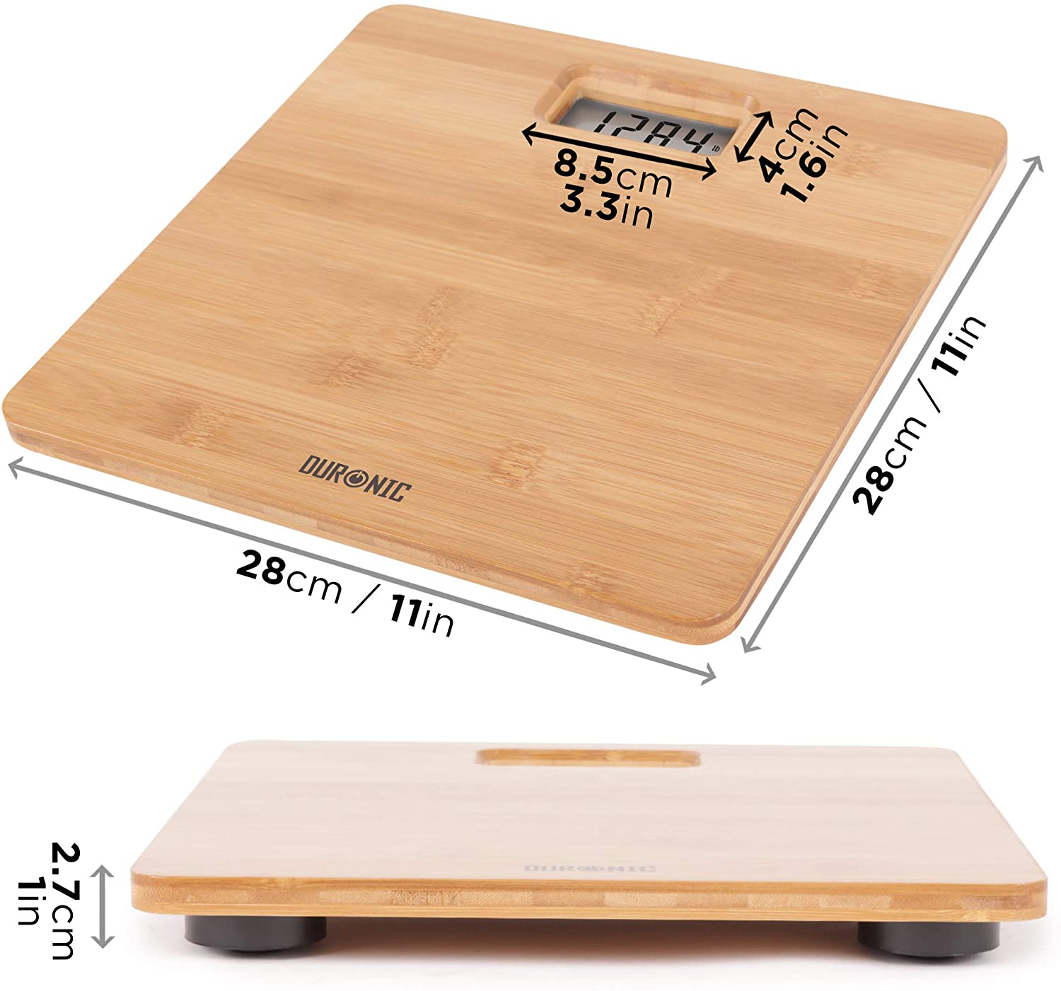 Eine digitale Waage aus Holz mit Abmessungen und einer Anzeige mit einer Zahl.