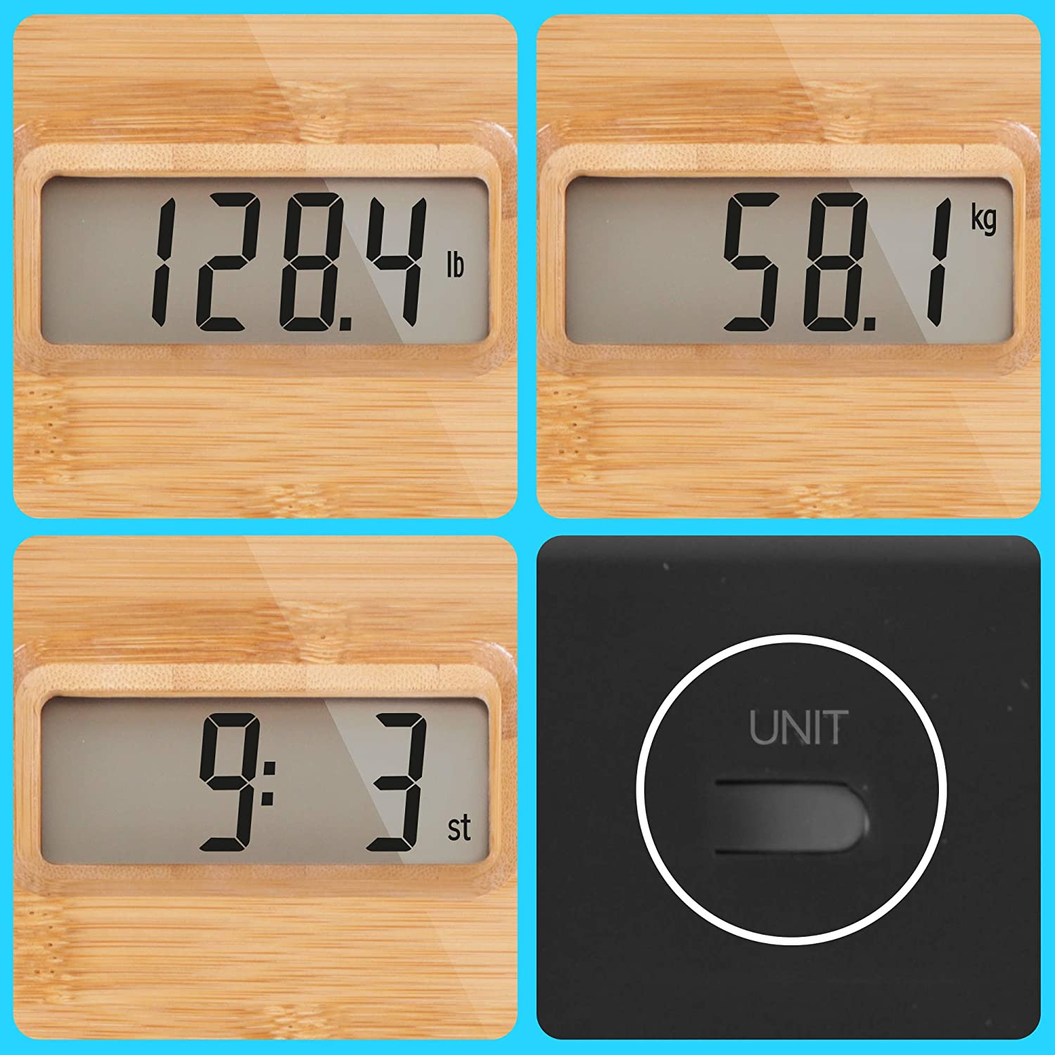 Waage-Anzeige: 128,4 lb, 58,1 kg, 9:3 st. Einheit-Taste sichtbar.