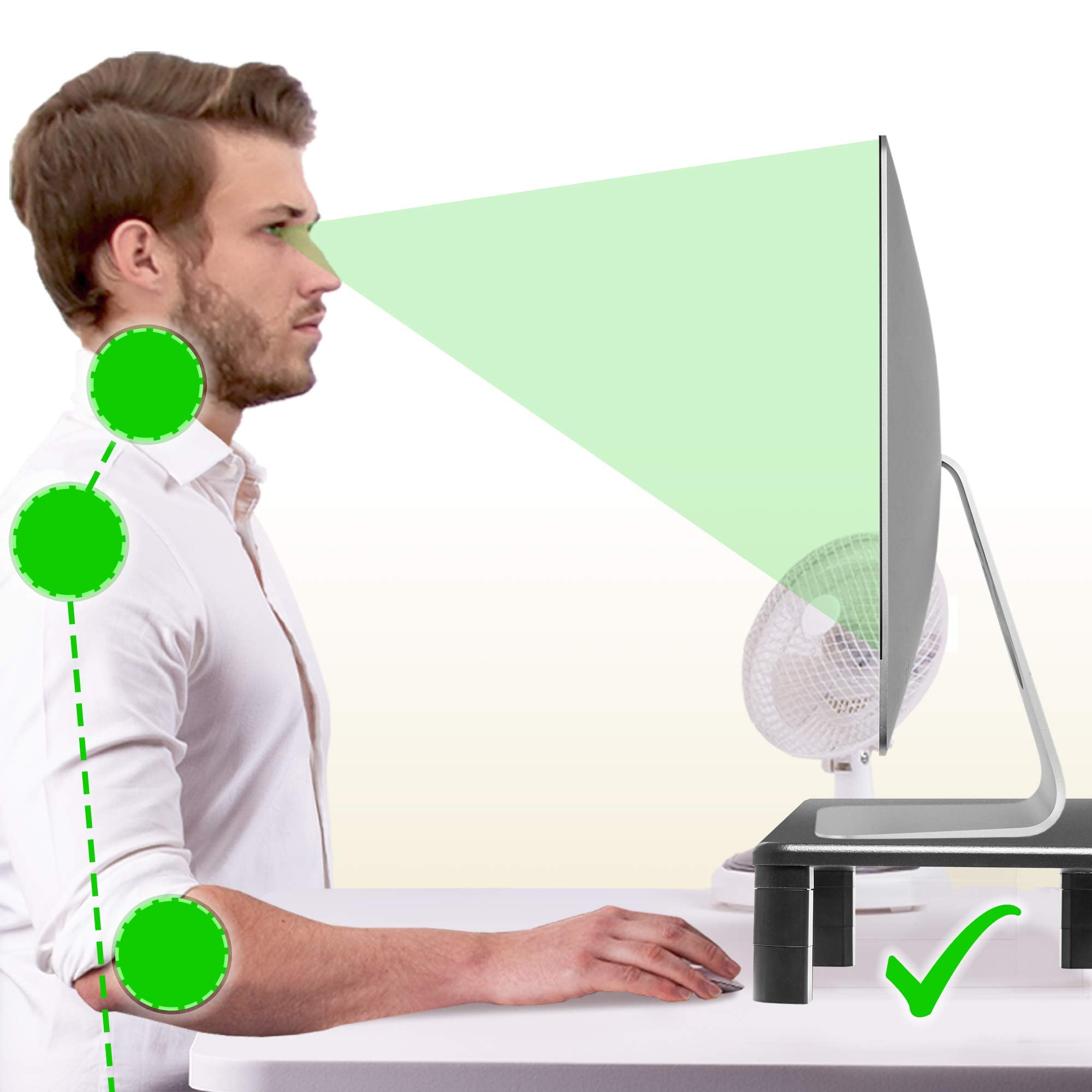 Mann, der einen Monitor benutzt, mit einer grünen visuellen Hilfe. Grün zeigt die richtige Haltung.