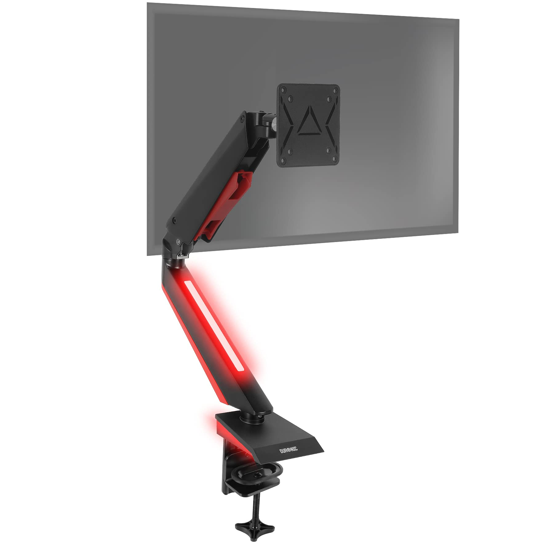 Schwarzer und roter Monitorarm. Der Arm hat ein rotes Licht.