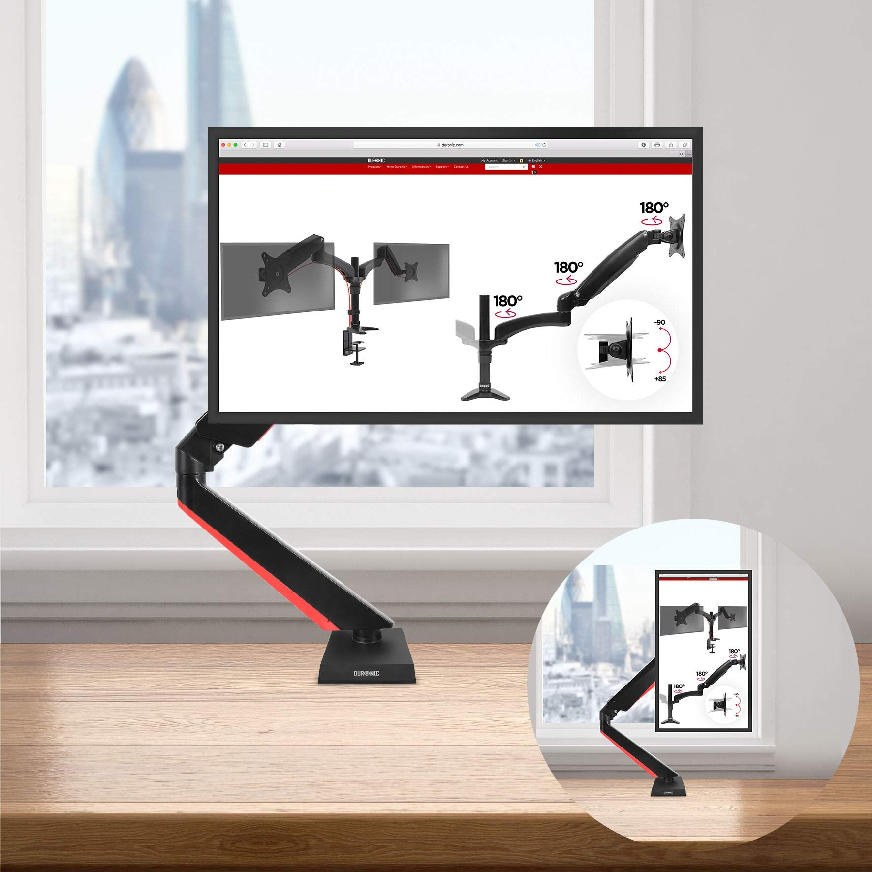Monitorarm auf einem Schreibtisch. Der Bildschirm zeigt eine Website. Eine kleinere Ansicht zeigt verschiedene Positionen.