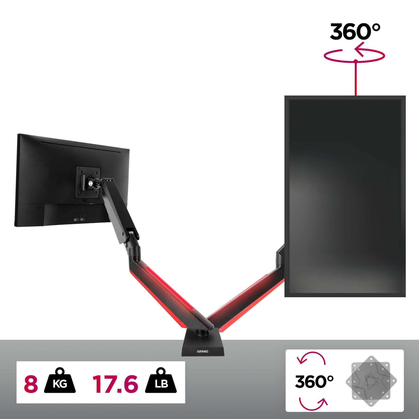 Zwei Monitore auf einem Ständer. Einer vertikal, einer horizontal. Zeigt Gewicht.
