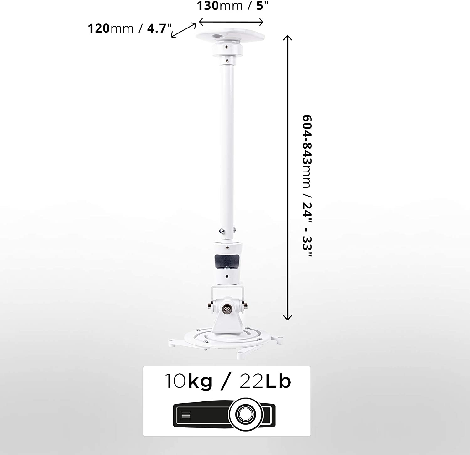 Un soporte de proyector blanco con dimensiones etiquetadas y una capacidad de peso de 10 kg/22 lb.