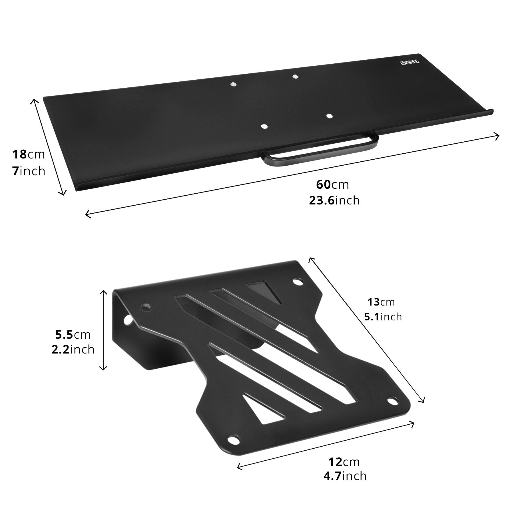 Dos placas de metal negro; una larga, otra con ranuras. Se incluyen las dimensiones.