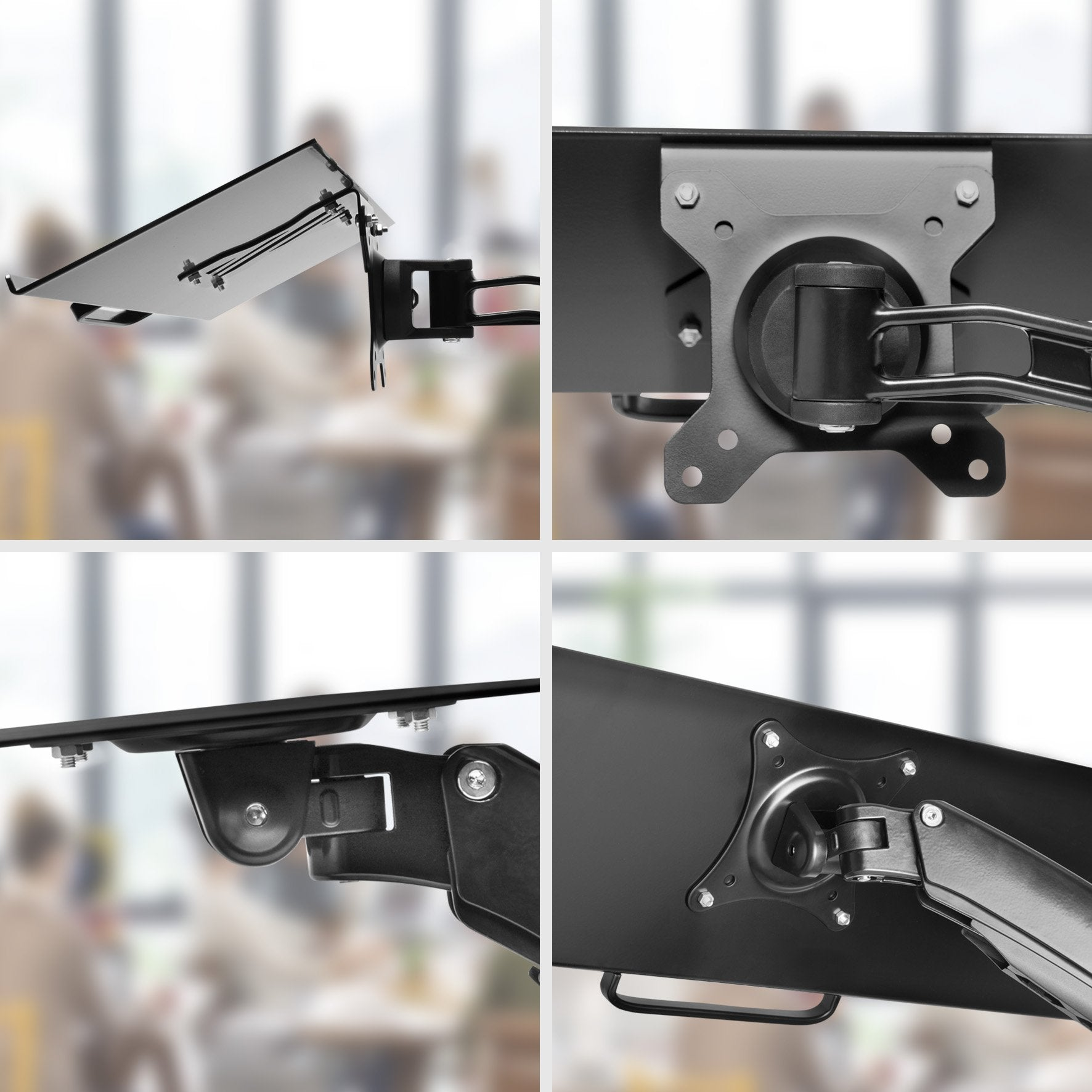 Primer plano de soportes de monitor negros con fondo borroso, varios ángulos.