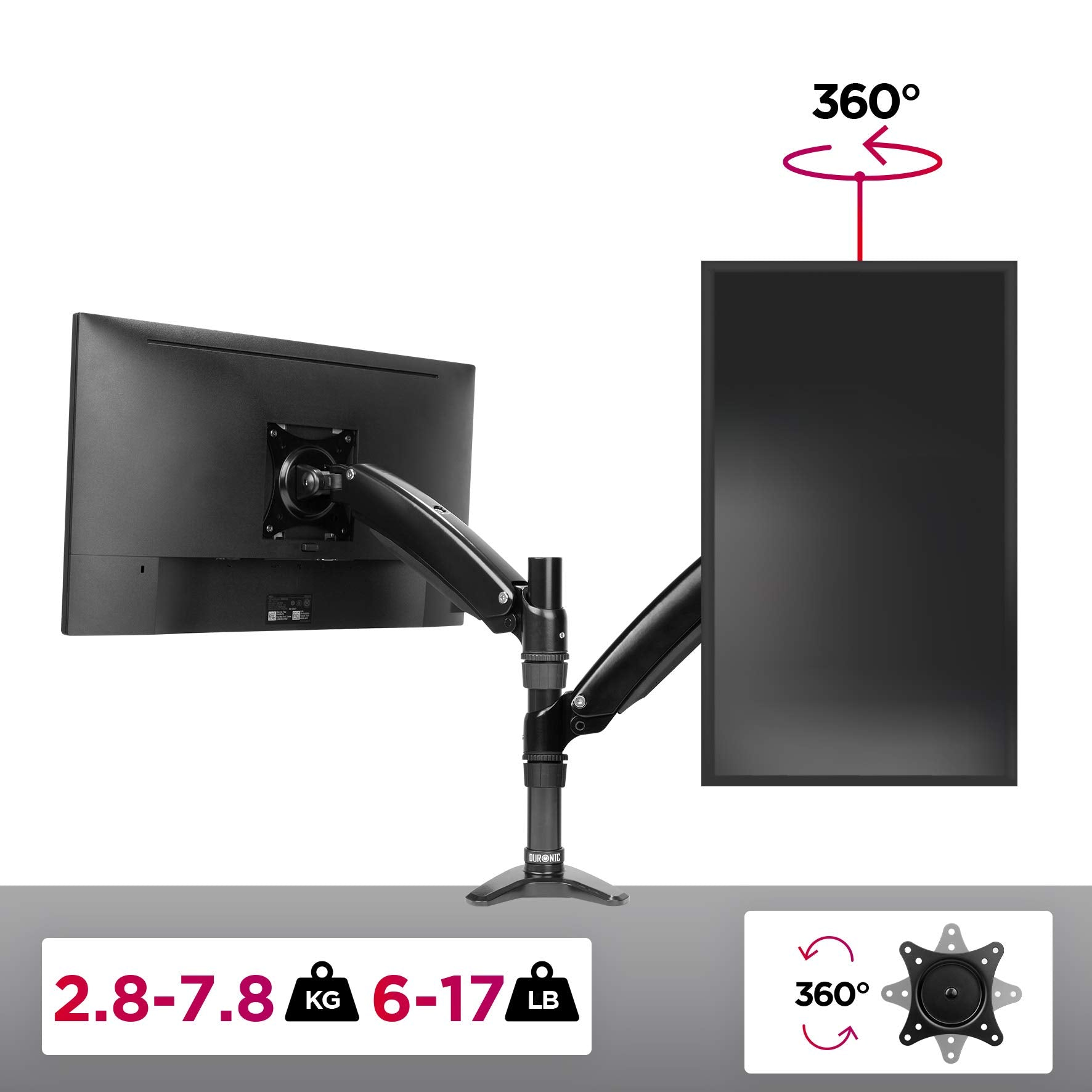 Eine Monitorhalterung mit Bildschirm, die Rotation und Gewichtsinformationen zeigt.