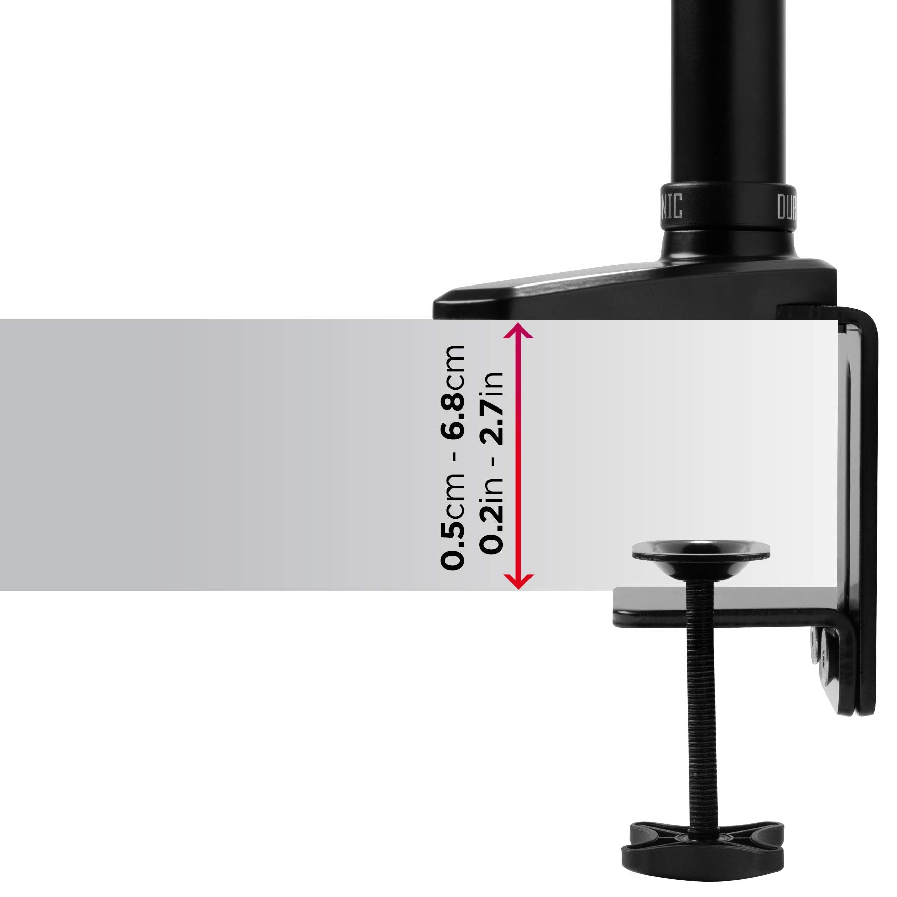 Eine schwarze Monitorarmklemme mit Messungen des Klemmbereichs in cm und Zoll, vor grauem Hintergrund.