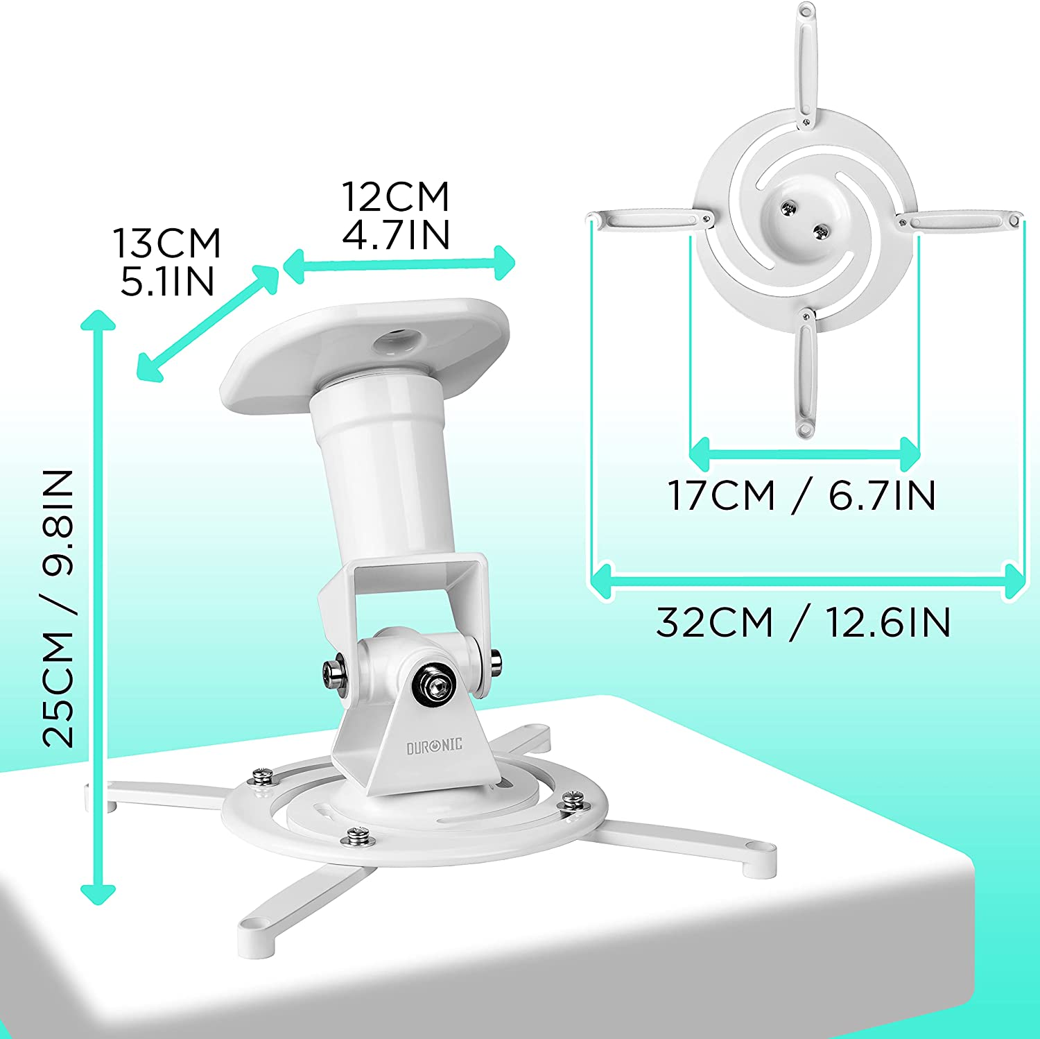 Soporte de proyector blanco con dimensiones en centímetros y pulgadas.