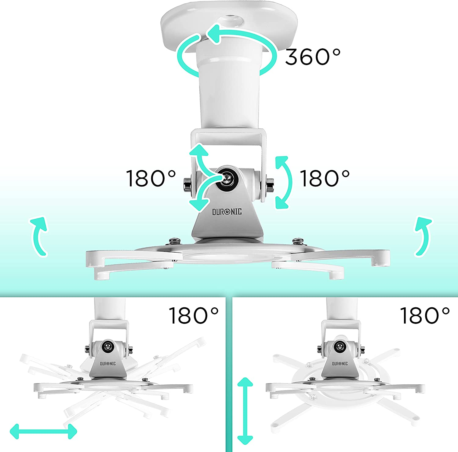 Soporte blanco para proyector con múltiples puntos de articulación. Las flechas indican direcciones.