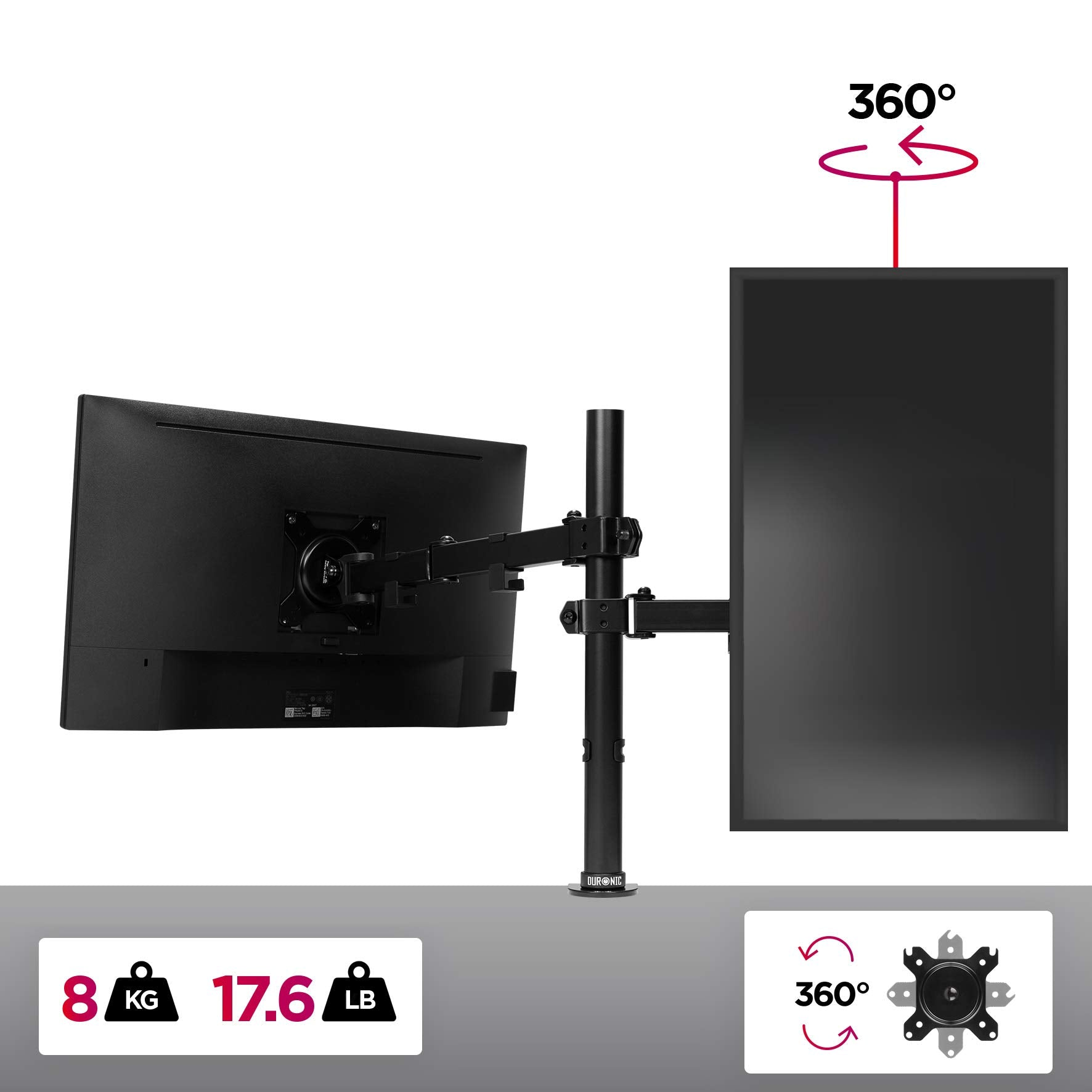 Ein Monitor-Montagesystem mit einem schwarzen Monitor. Es ist auf weißem Hintergrund und hat Gewichtsetiketten.
