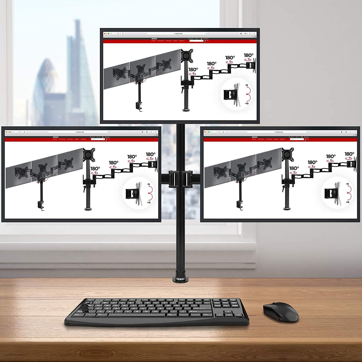 Drei Monitore auf einem Ständer, die ein Diagramm der Drehung des Ständers zeigen.