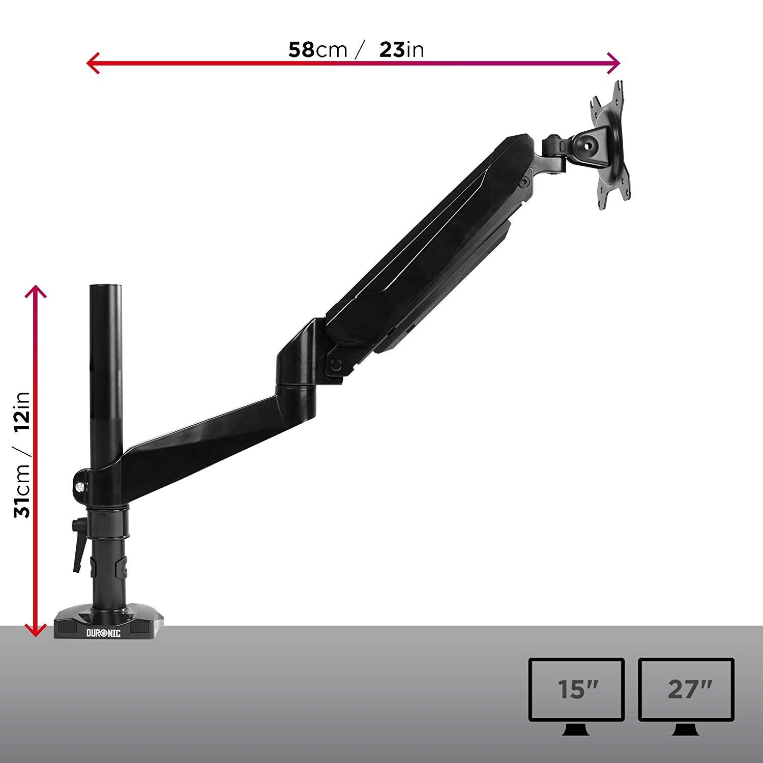 Ein schwarzer Monitorarm mit Messungen. Der Arm stützt einen Monitor. Die Abmessungen sind in cm und Zoll angegeben.