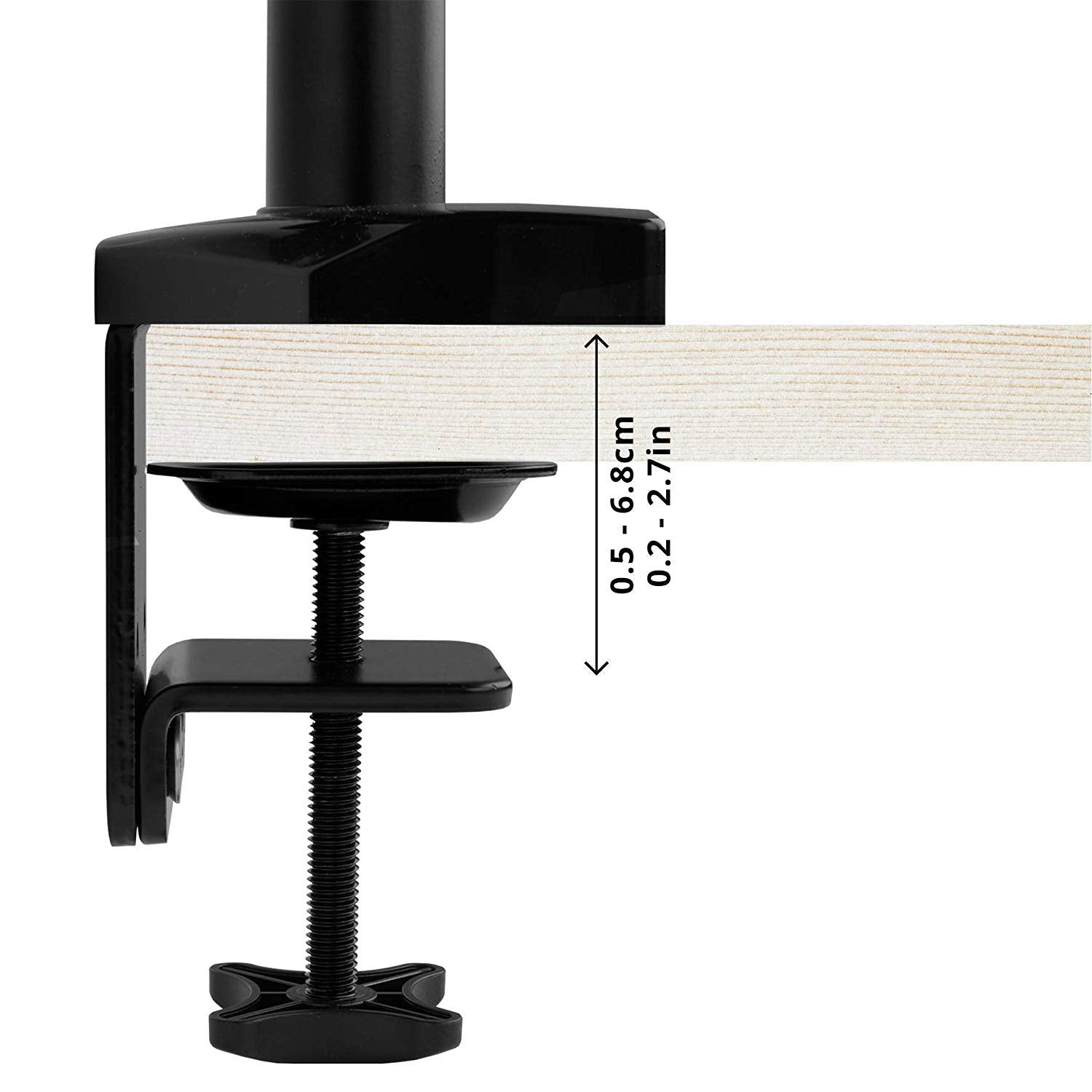 Eine schwarze Monitorständerklemme mit Messungen. Schraube und Klemme zur Befestigung an einem Schreibtisch.