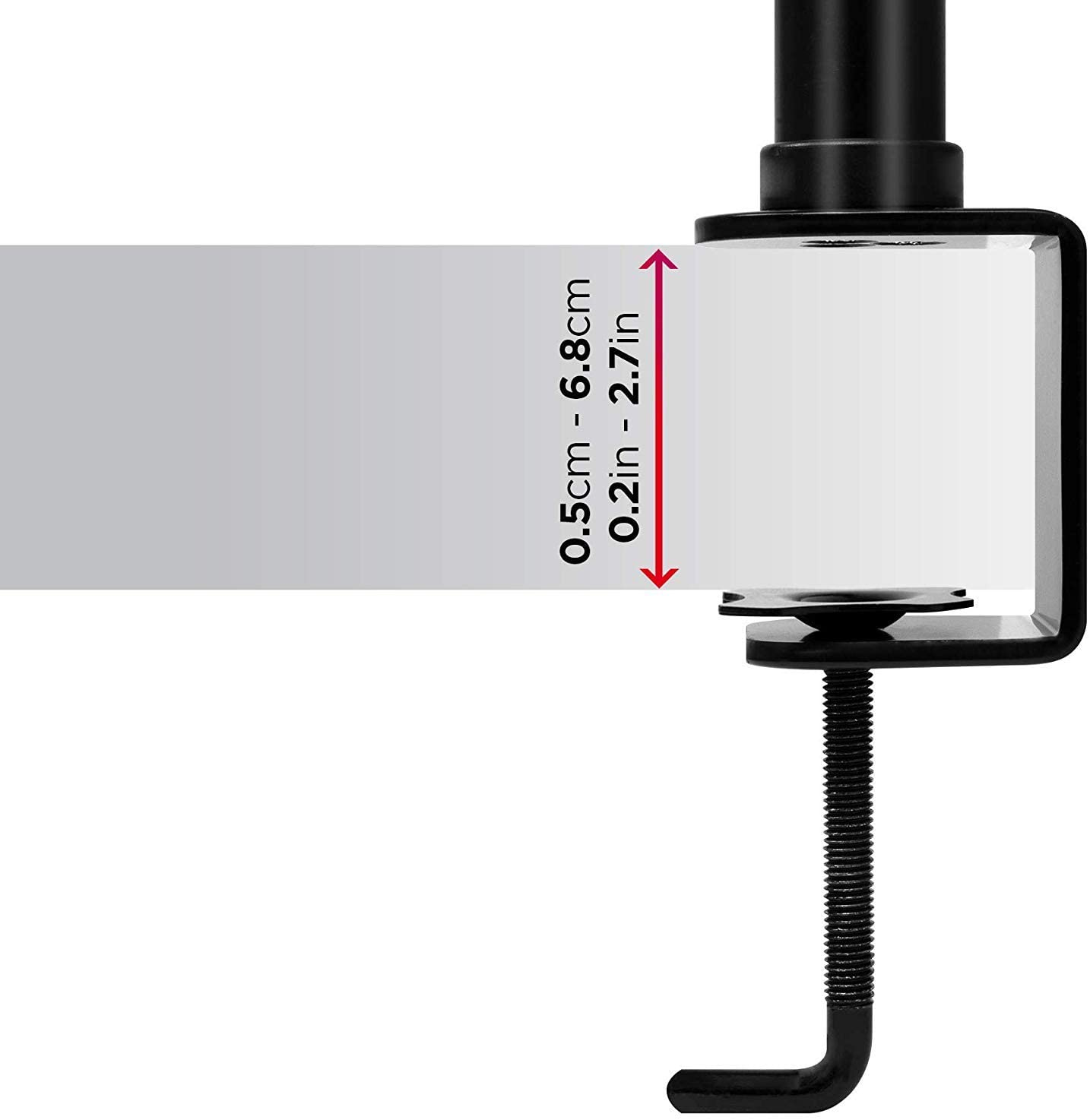 Nahaufnahme einer schwarzen Metallhalterung mit Maßangaben: 0,5 cm - 6,8 cm, 0,2 Zoll - 2,7 Zoll.