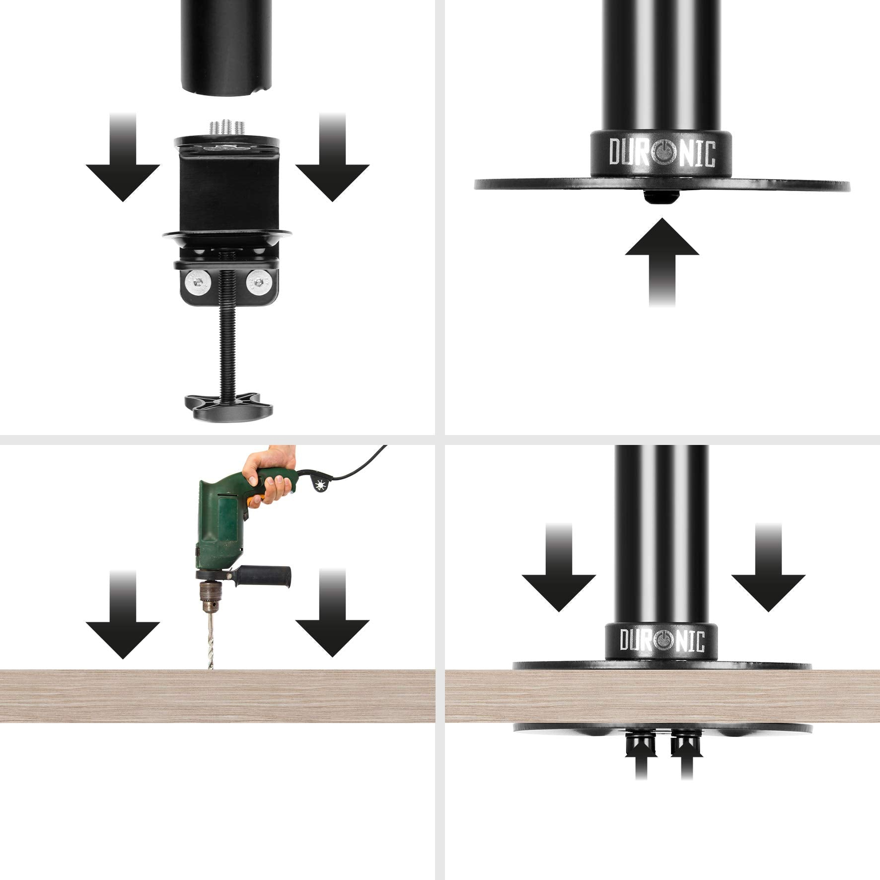 Ilustraciones del proceso de instalación de un soporte de monitor, usando un taladro.