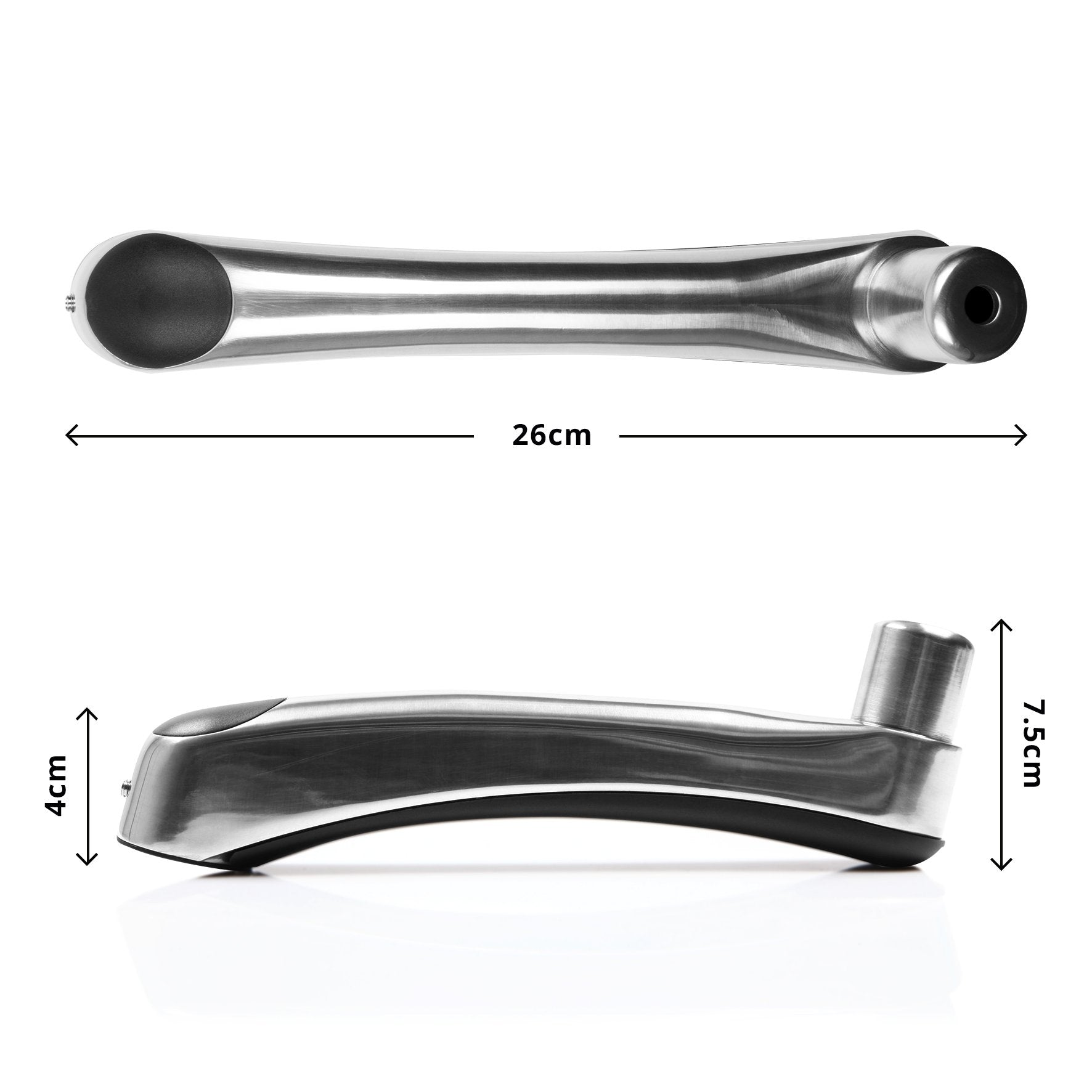 Ein chromfarbener Griff mit geschwungenem Design. Die Draufsicht zeigt eine Länge von 26 cm und die Seitenansicht 7,5 cm Höhe.