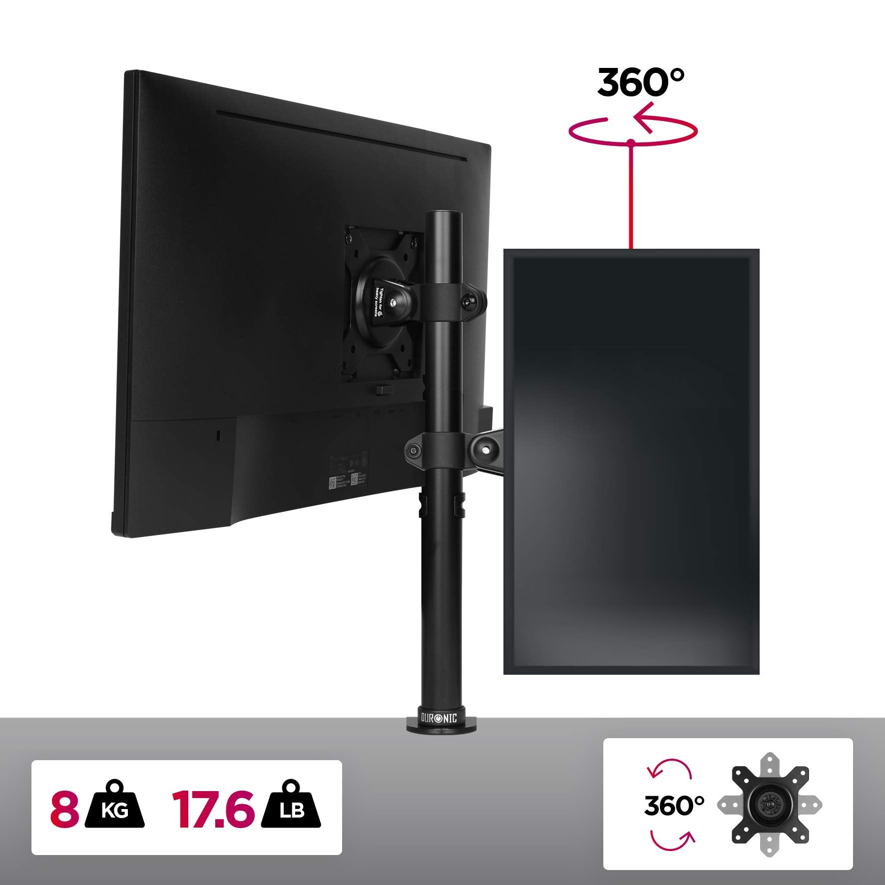 Schwarzer Monitorständer mit schwarzem Monitor. Der Ständer ermöglicht eine 360-Grad-Drehung.