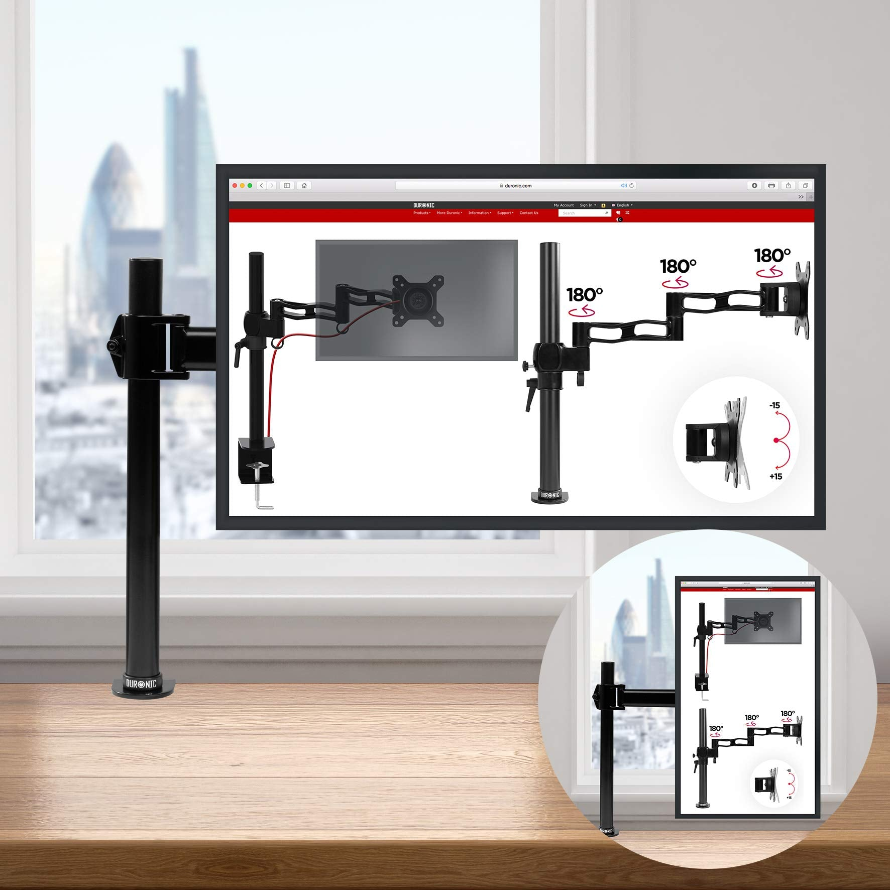 Schwarze Monitorhalterung mit Monitor, der eine Webseite und Infografiken anzeigt, auf einem Schreibtisch.