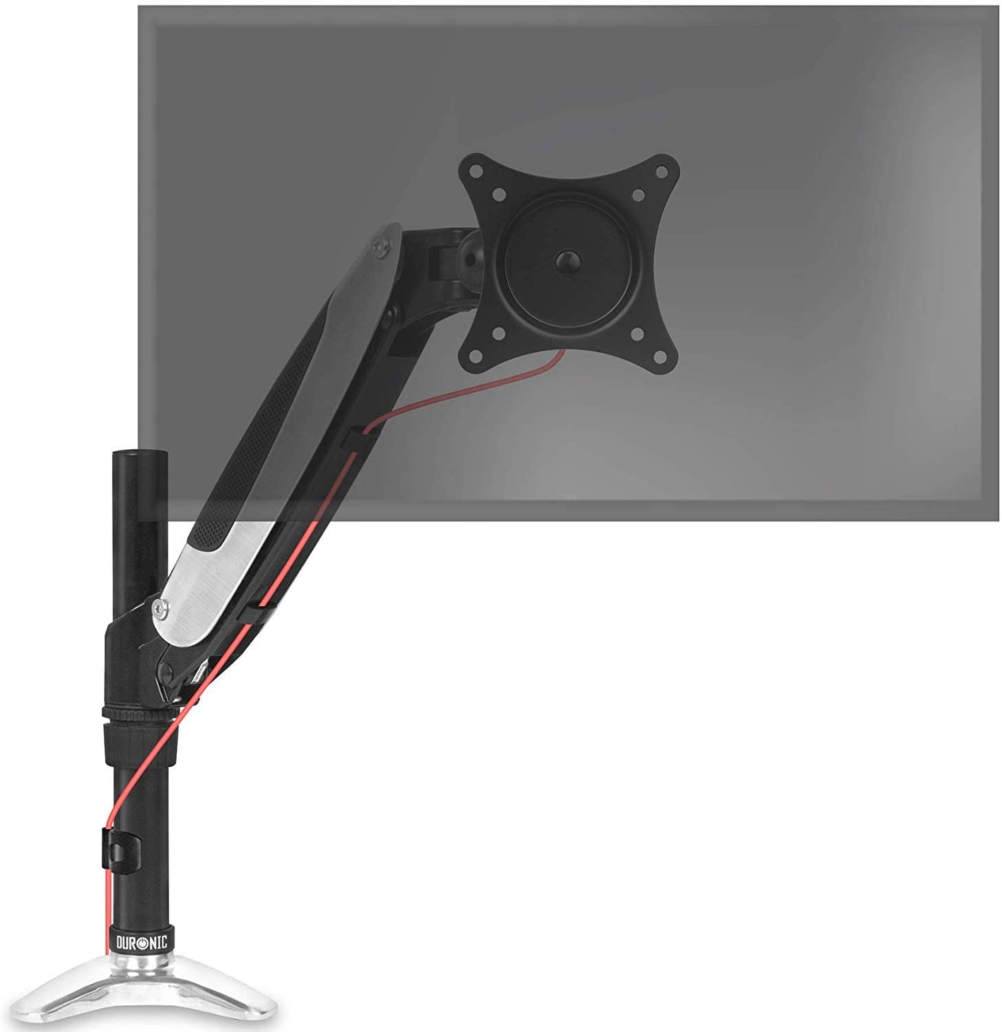 Un brazo de monitor con marco negro y cable rojo. El monitor es gris, inclinado.