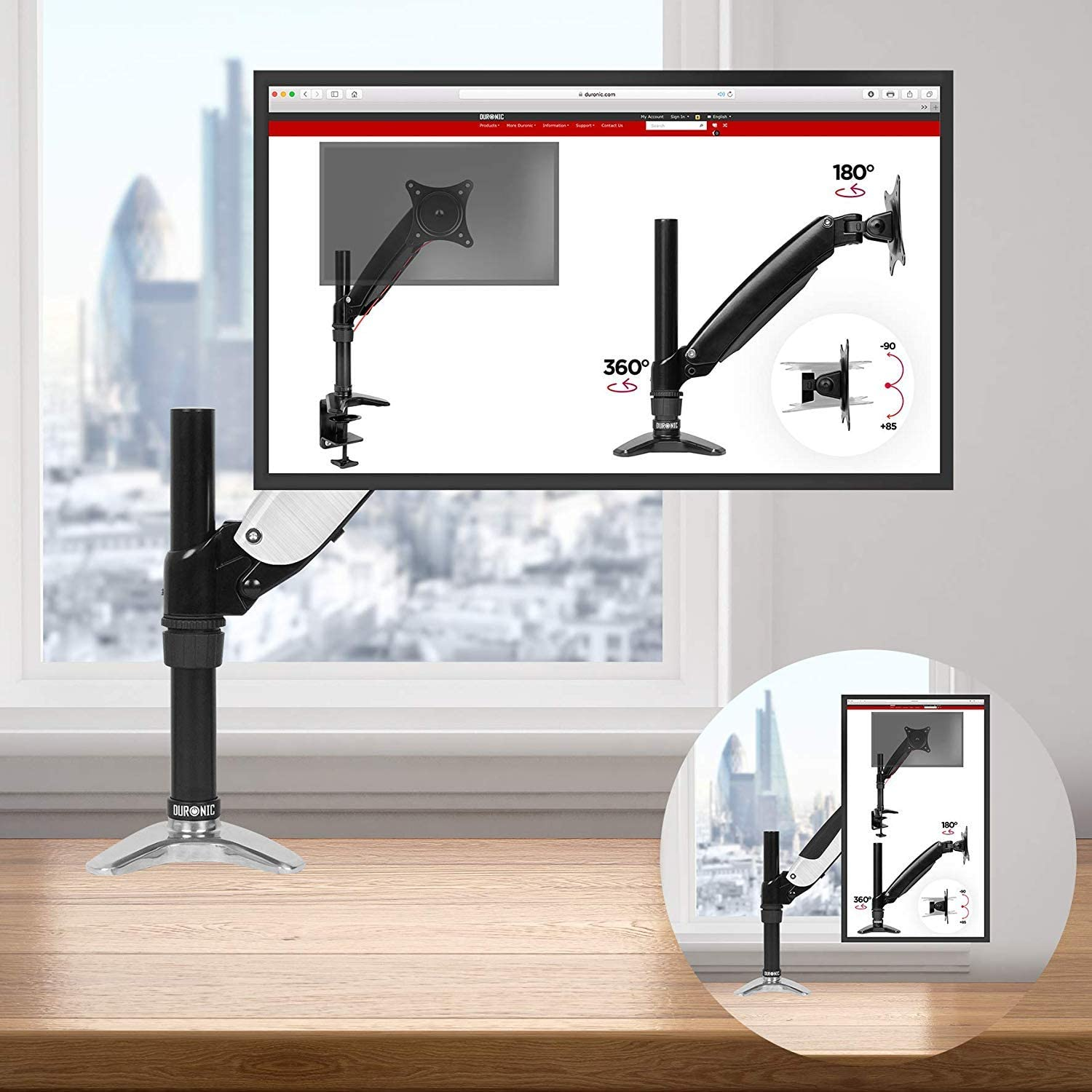 Brazo de monitor con pantalla en mesa de madera. El brazo permite rotación e inclinación.