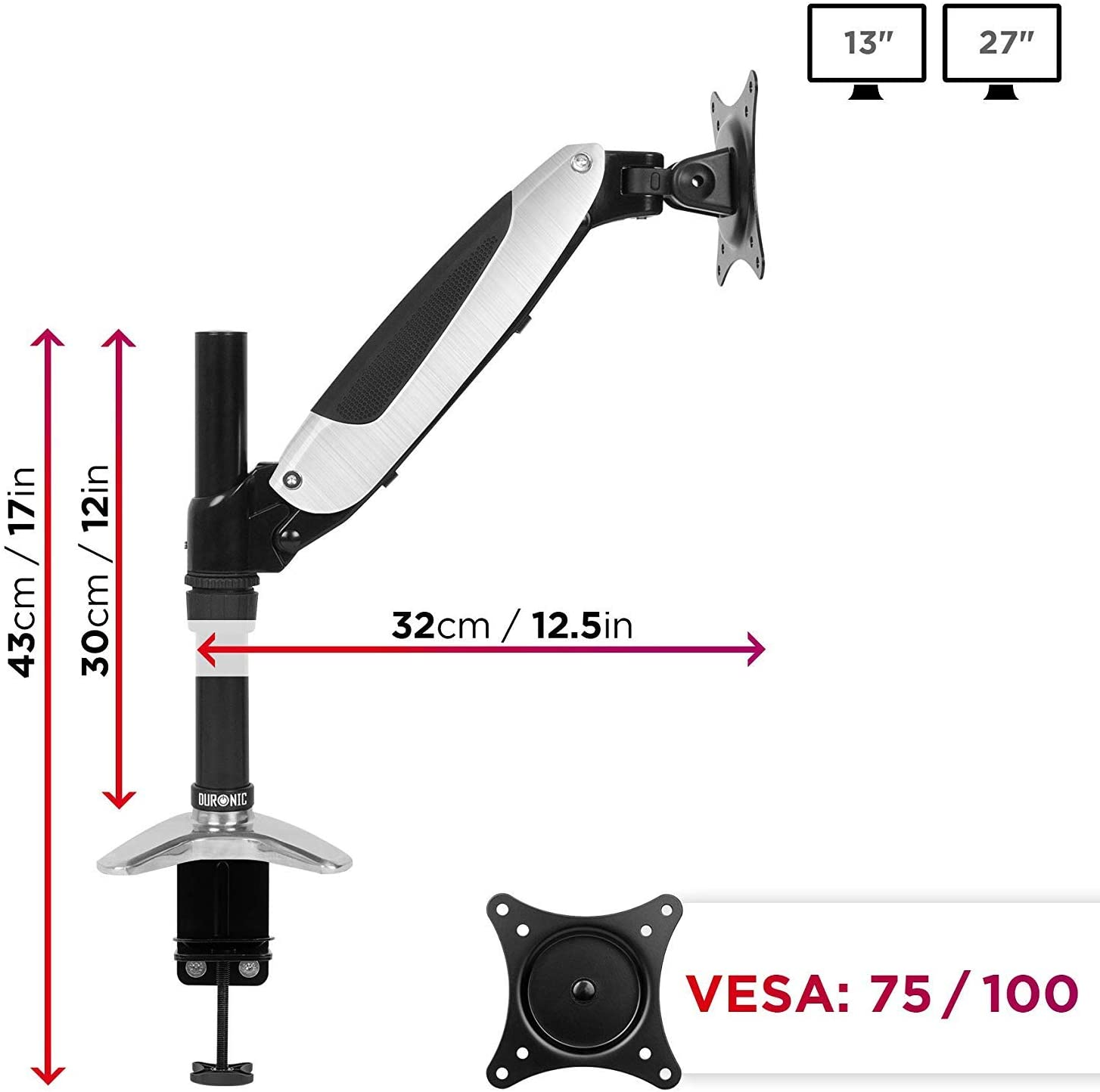 Un brazo para monitor con medidas. Muestra dimensiones de 43 cm, 30 cm y 32 cm/12,5 pulgadas.